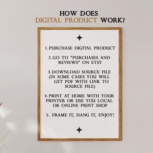 Pu&ograve; includere: Un poster incorniciato bianco con testo nero che spiega come utilizzare un prodotto digitale acquistato su Etsy. Il testo include passaggi come il download del file sorgente, la stampa a casa e l'incorniciatura del prodotto finito. Il poster ha una forma di diamante nero nella parte superiore e inferiore.