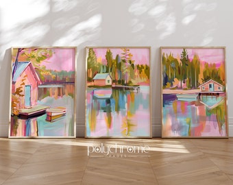 Home on the Lake with Pier and Boat, Vintage Lake House Landscape in Pastel Pink and Blue Oil Painting | Paper prints 5x7 - 24x36 in