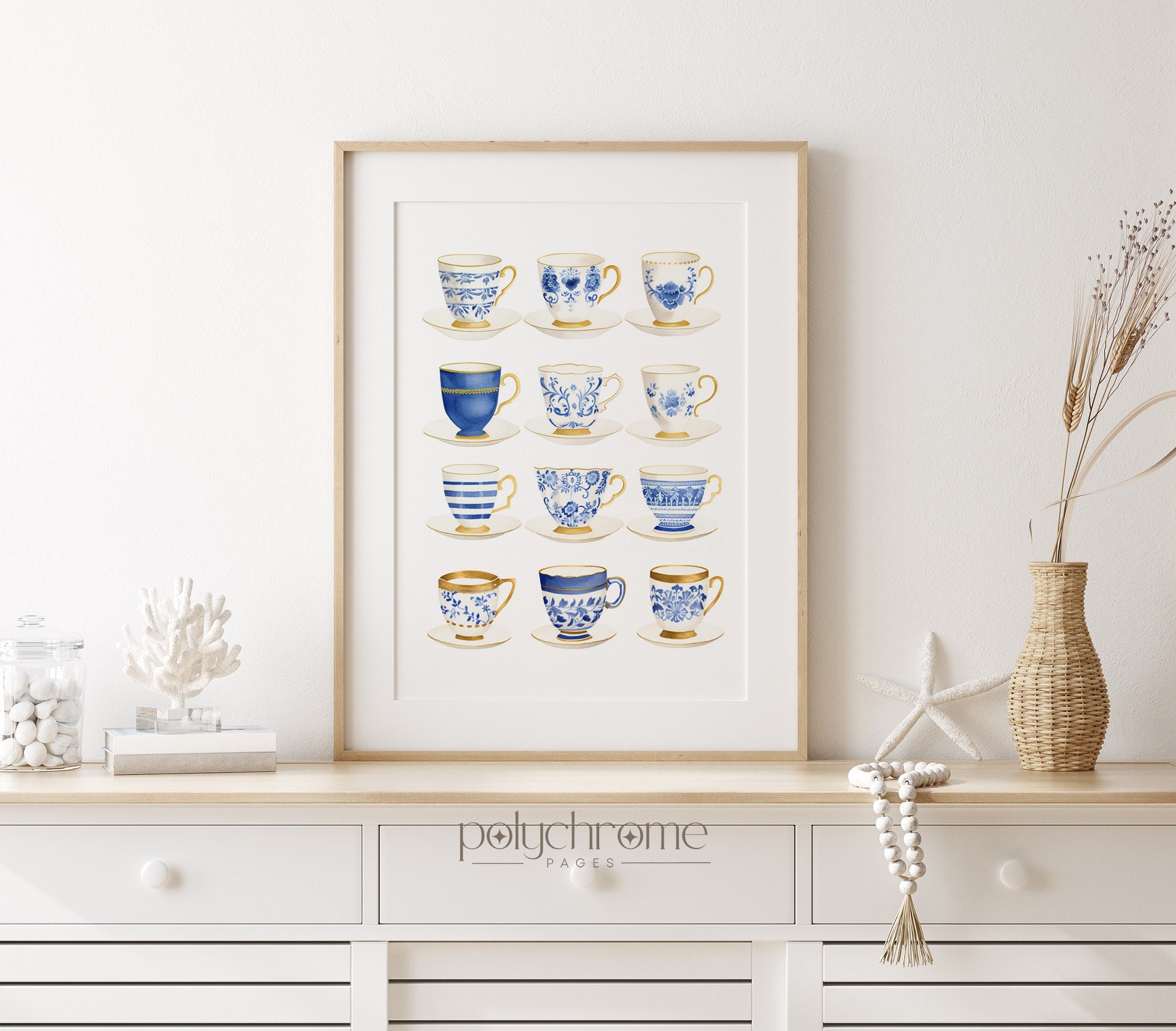 Japanese Tea Cups Grandmillenial Cottagecore Hamptons Style Blue White China 12 Pieces Chinoiserie Art | Paper print size 5x7 - 24x36 in – image 1
