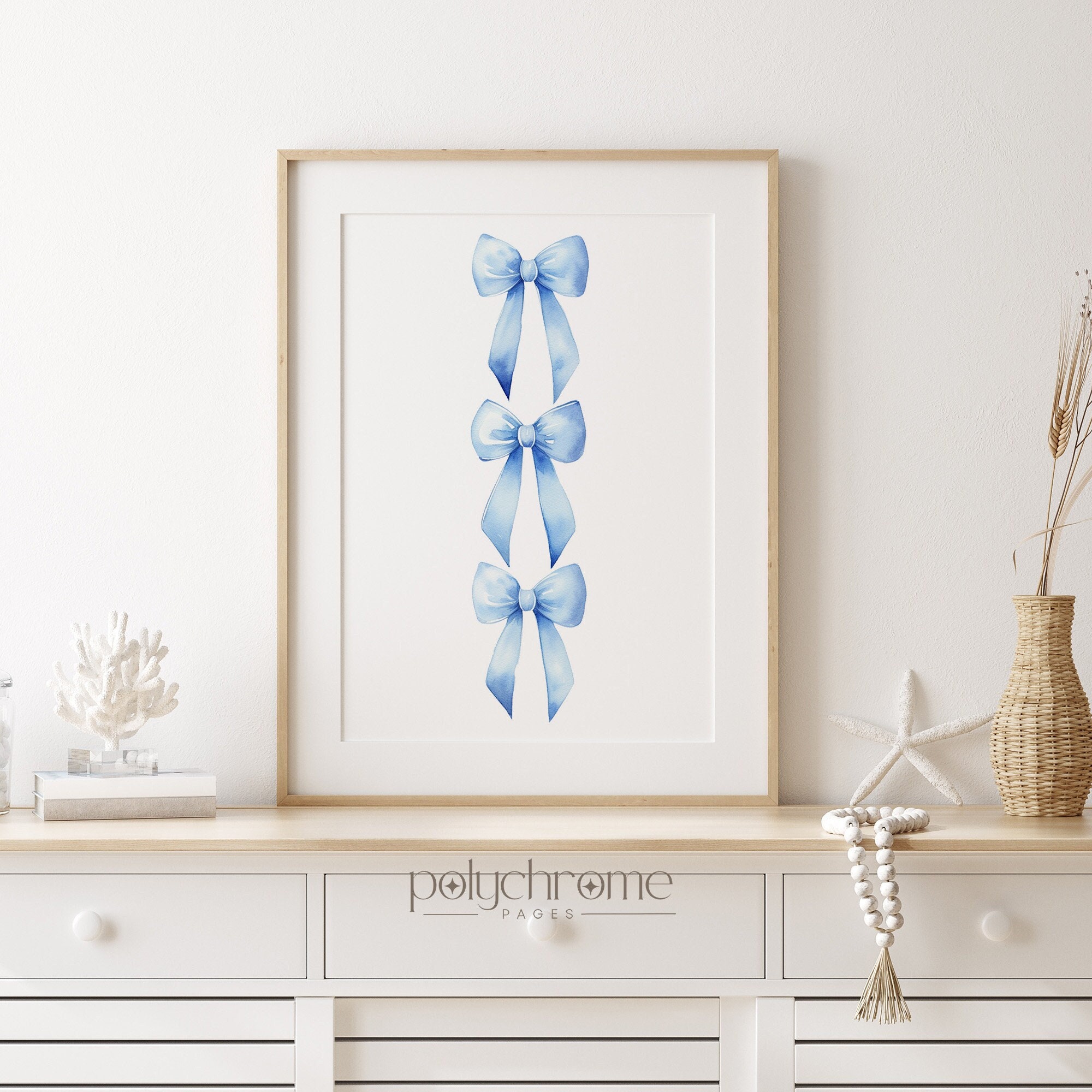 Three Bows - Preppy Aestetic Royal Blue Bow Tie Wall Art, Grandmillennial Hamptons Style Decor | Paper Print Sizes 5x7 - 24x36 in – image 1