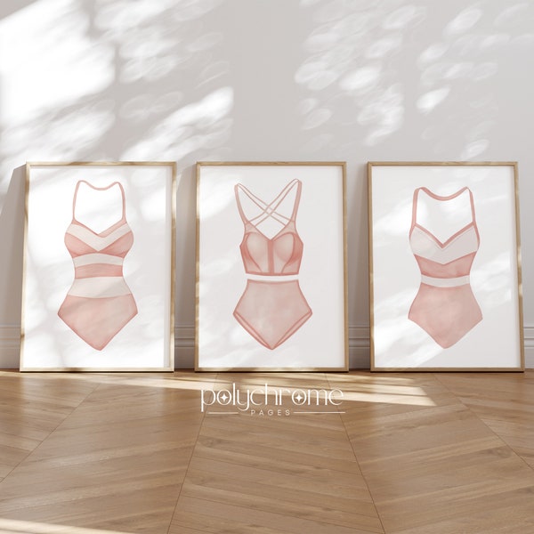 Blush Pink Painted Swimsuits, Beachy Decor Pool Bathroom Ideas, Lake House Decor | Paper Print Sizes 5x7 - 24x36 in