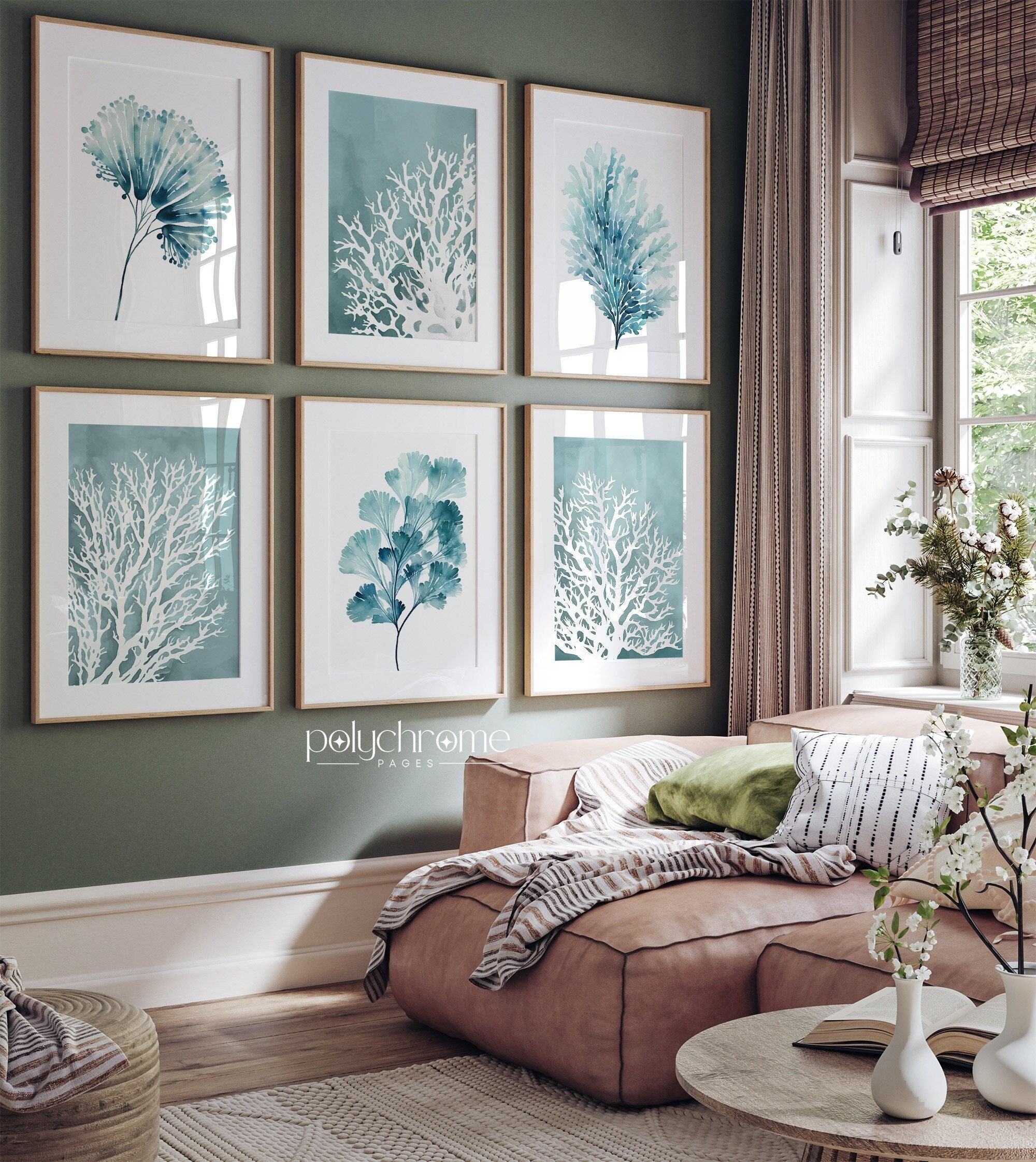 Ocean Painting Set of Sea Fan Coral and Seaweed, Teal Watercolor Coral Reef Drawing, Beach House Decor | Paper Print 5x7 - 24x36 in – image 1