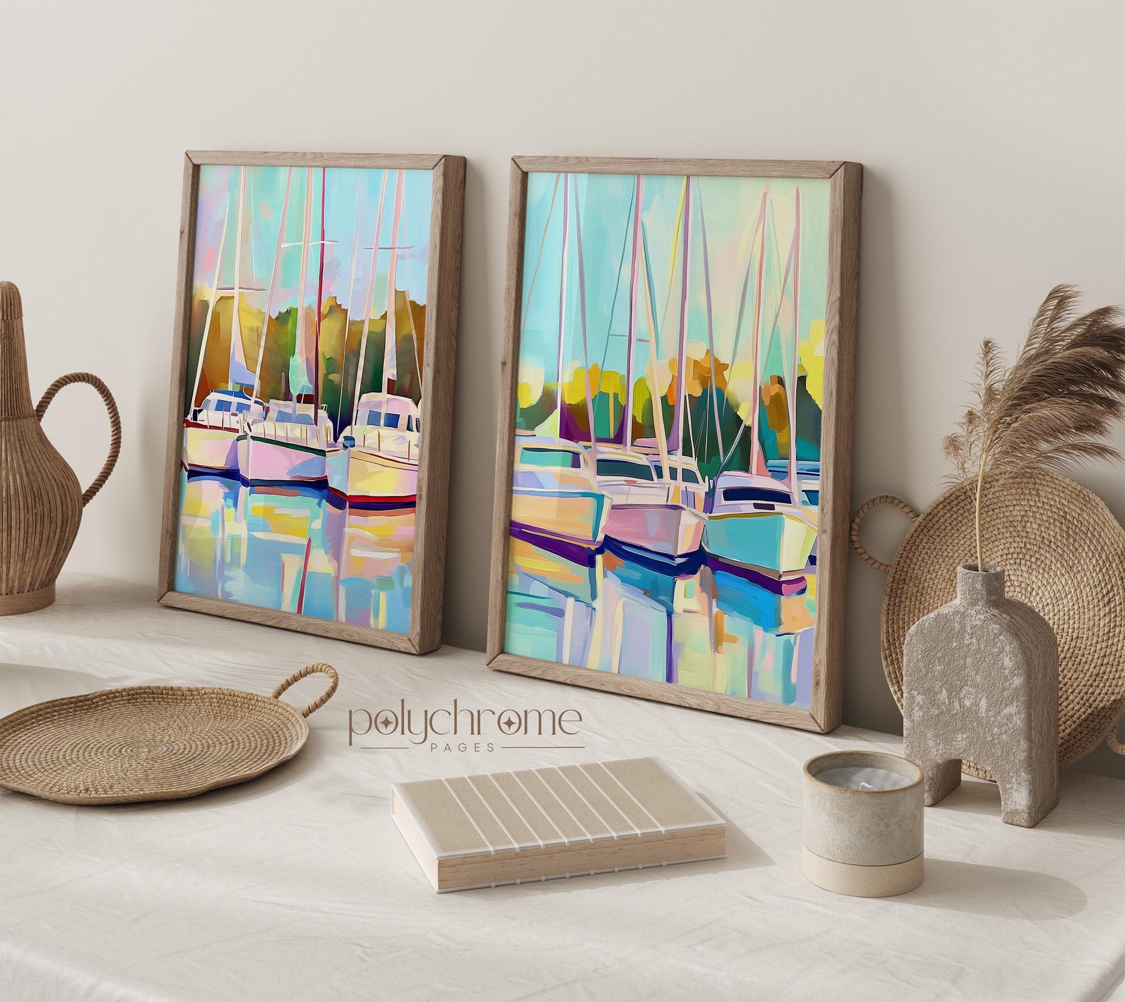 Boat Sailboats in Harbor Marina, Coastal Lake House Landscape in Pastel Blue and Green, Nautical wall decor | Paper prints 5x7 - 24x36 in – image 1
