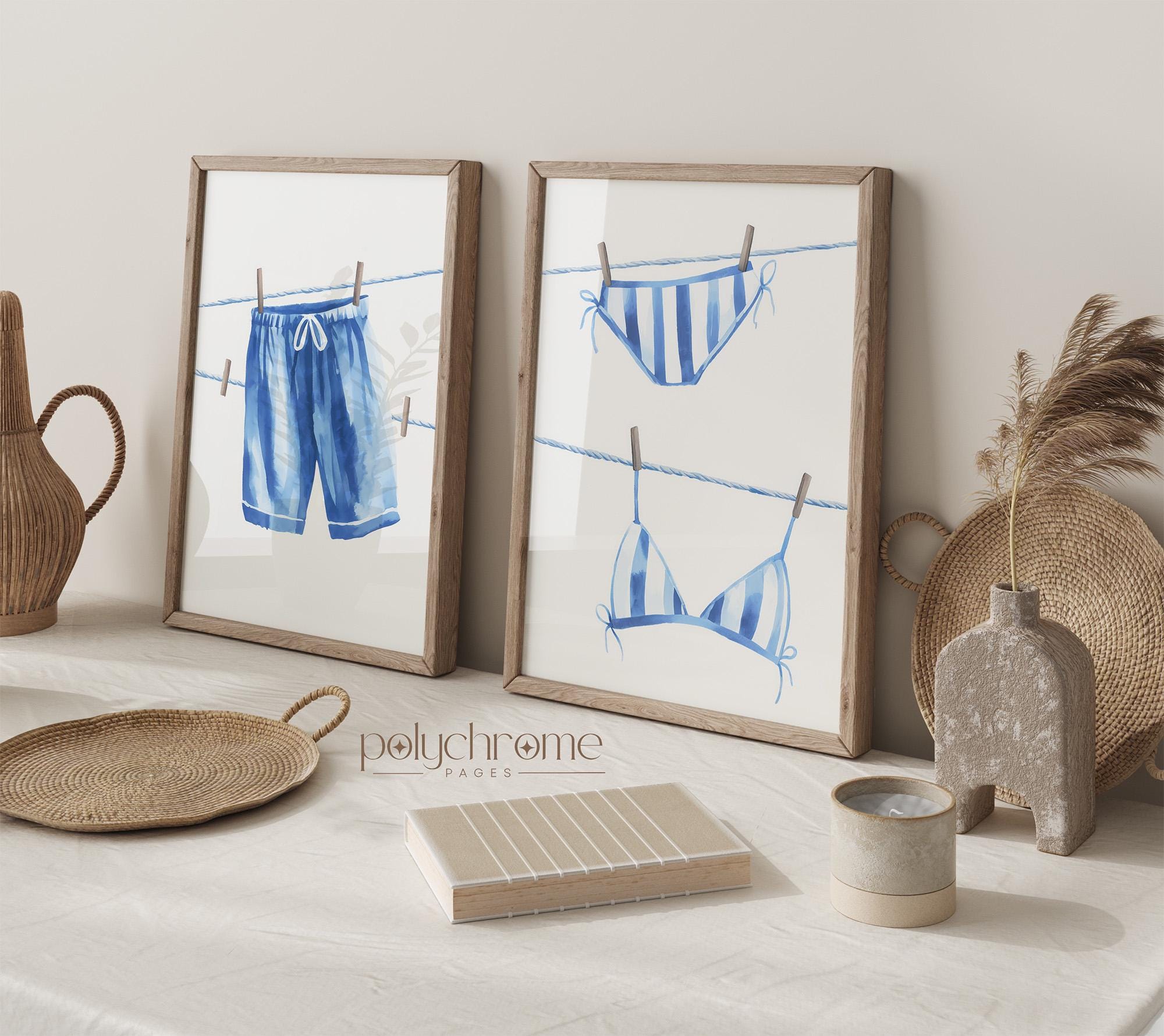 Hanging Bikini & Swimming Trunks in Ocean Blue, Swimsuits on Clothesline Laundry Room Decor, Lake House Pool Bathroom | Prints 5x7 - 24x36in – image 1
