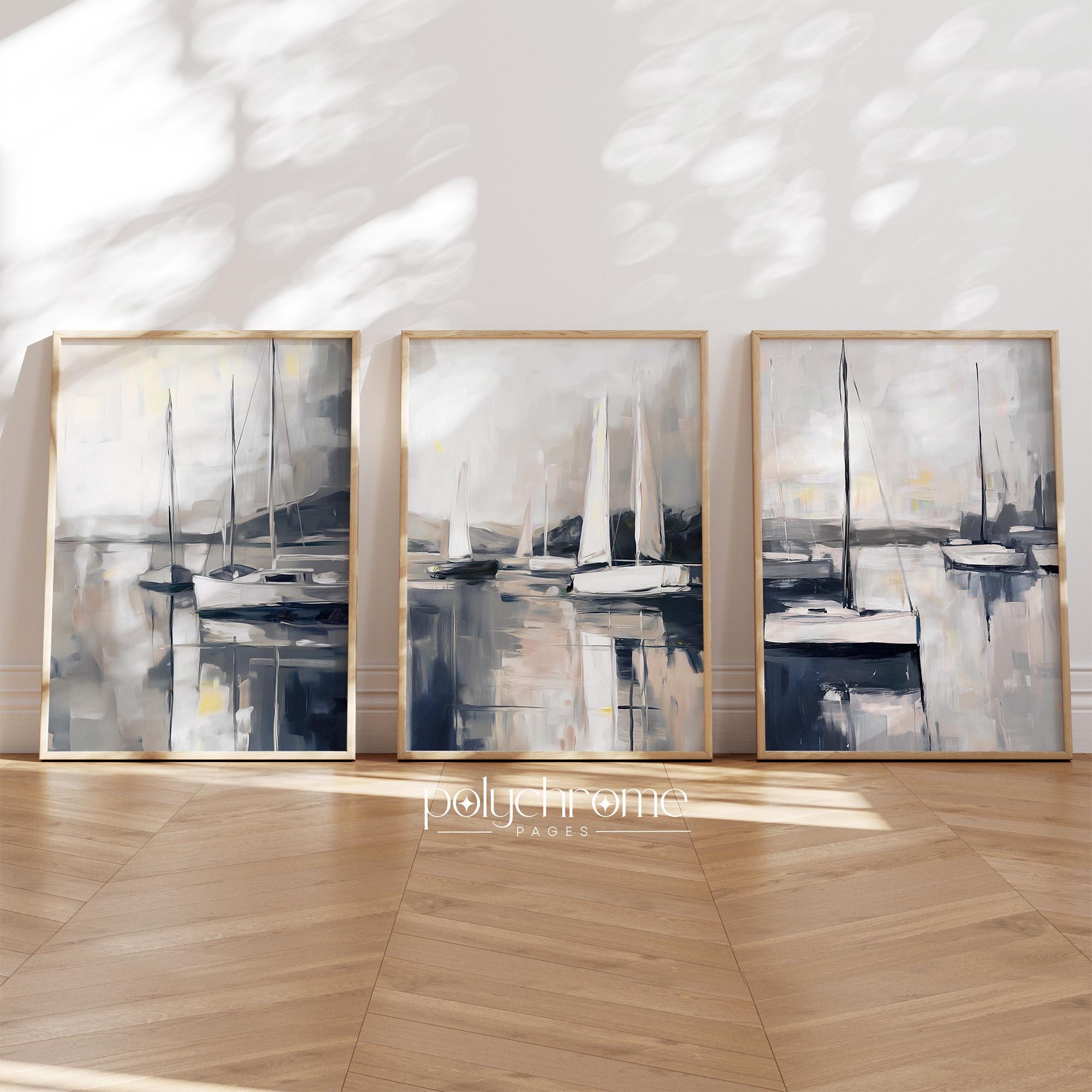 Yacht Sailboat Seascape in Navy Blue, Lake House Fishing Cabin Theme Decor, Nautical Harbor Marina Boat Art | Paper prints 5x7 - 24x36 in – image 1