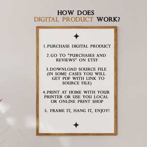 May include: A white framed poster with black text explaining how to use a digital product purchased on Etsy. The text includes steps like downloading the source file, printing at home, and framing the finished product. The poster has a black diamond shape at the top and bottom.