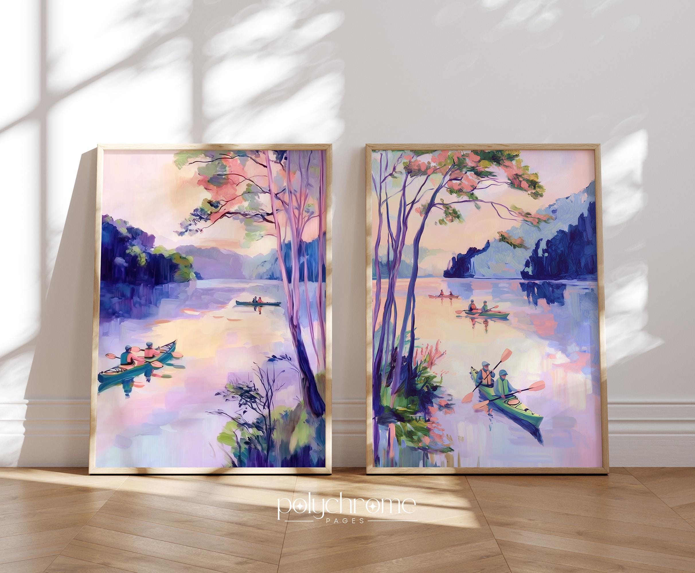 Kayaks on a Lake in Purple and Pink, Canoeing Lake House Art, Fishing Cabin Decor, Vintage Pool Bathroom Idea | Paper prints 5x7 - 24x36 in – image 1