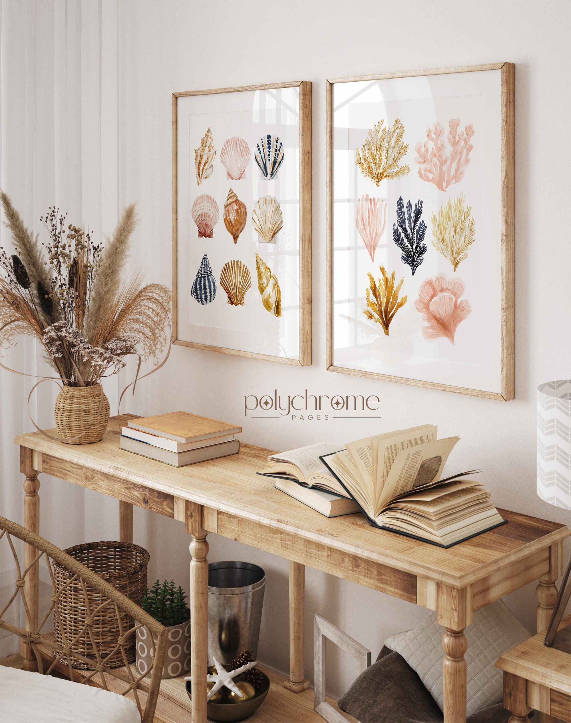 Seashells and Seaweed in Beige, Brown, Pink and Yellow, Pastel Colored Collection for Vacation Home, Coastal Laundry Room Art | Paper Print – image 1