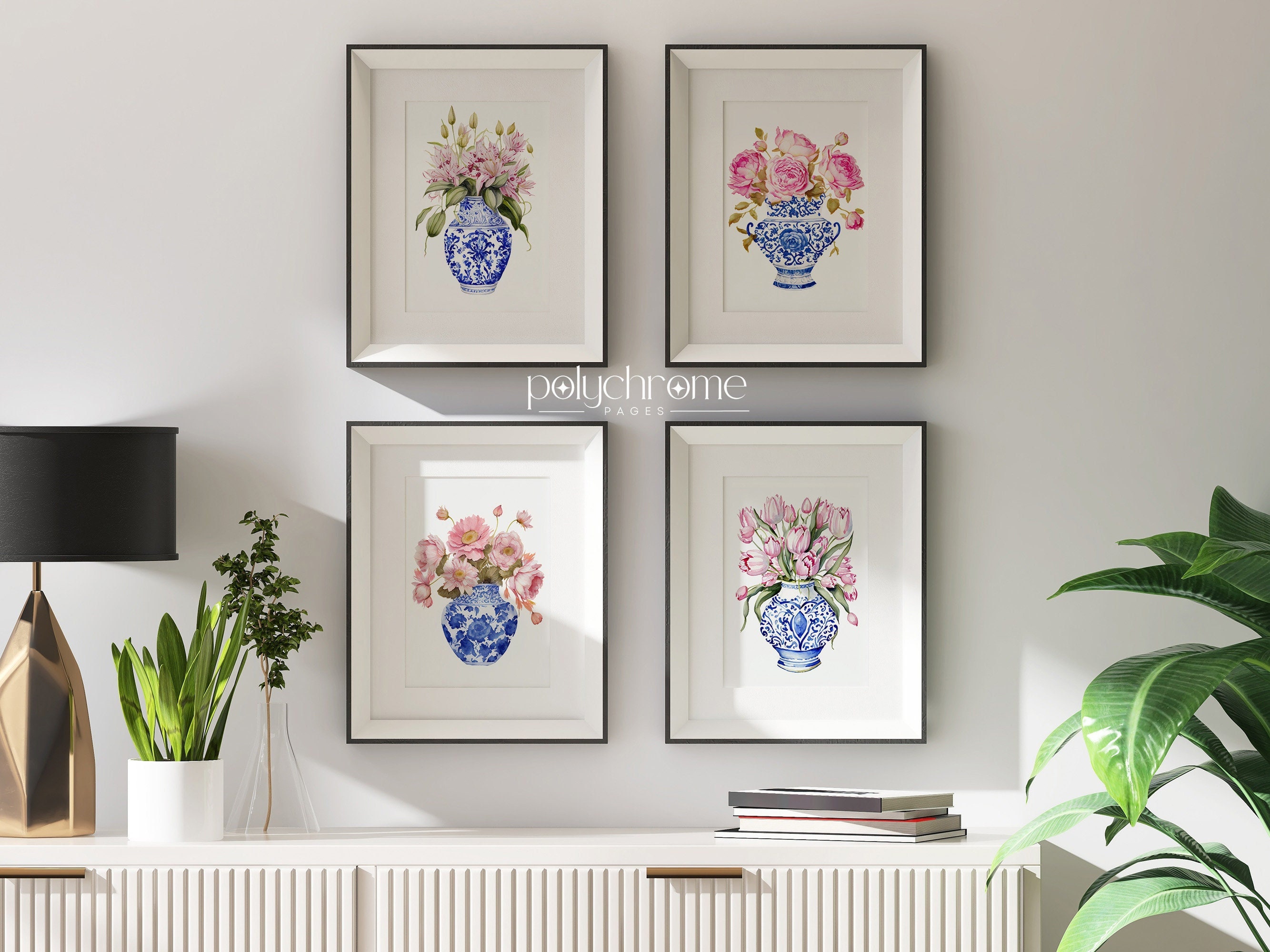 Roses, Tulips, Lilies and Daisies in Chinoiserie, Hamptons Style Pink Flower Bouquets in Blue and White China | Paper prints 5x7 - 24x36 in – image 1