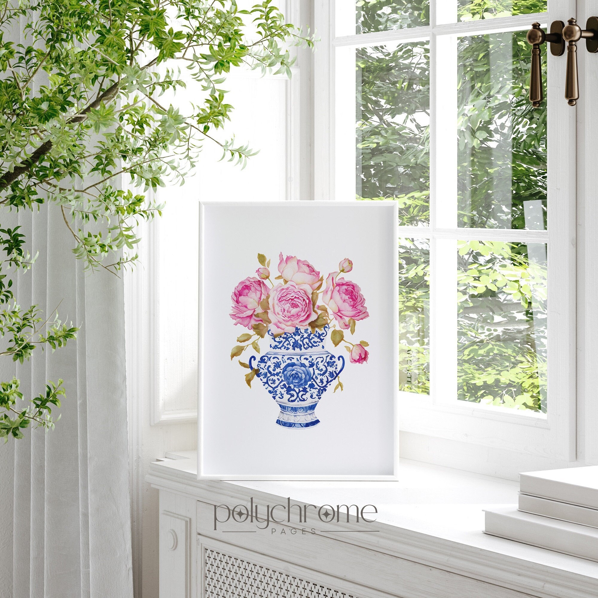 Roses in Chinoiserie, Cottagecore Grandmillennial Hamptons Style Pink Flower Bouquet in Blue and White China | Paper prints 5x7 - 24x36 in – image 1