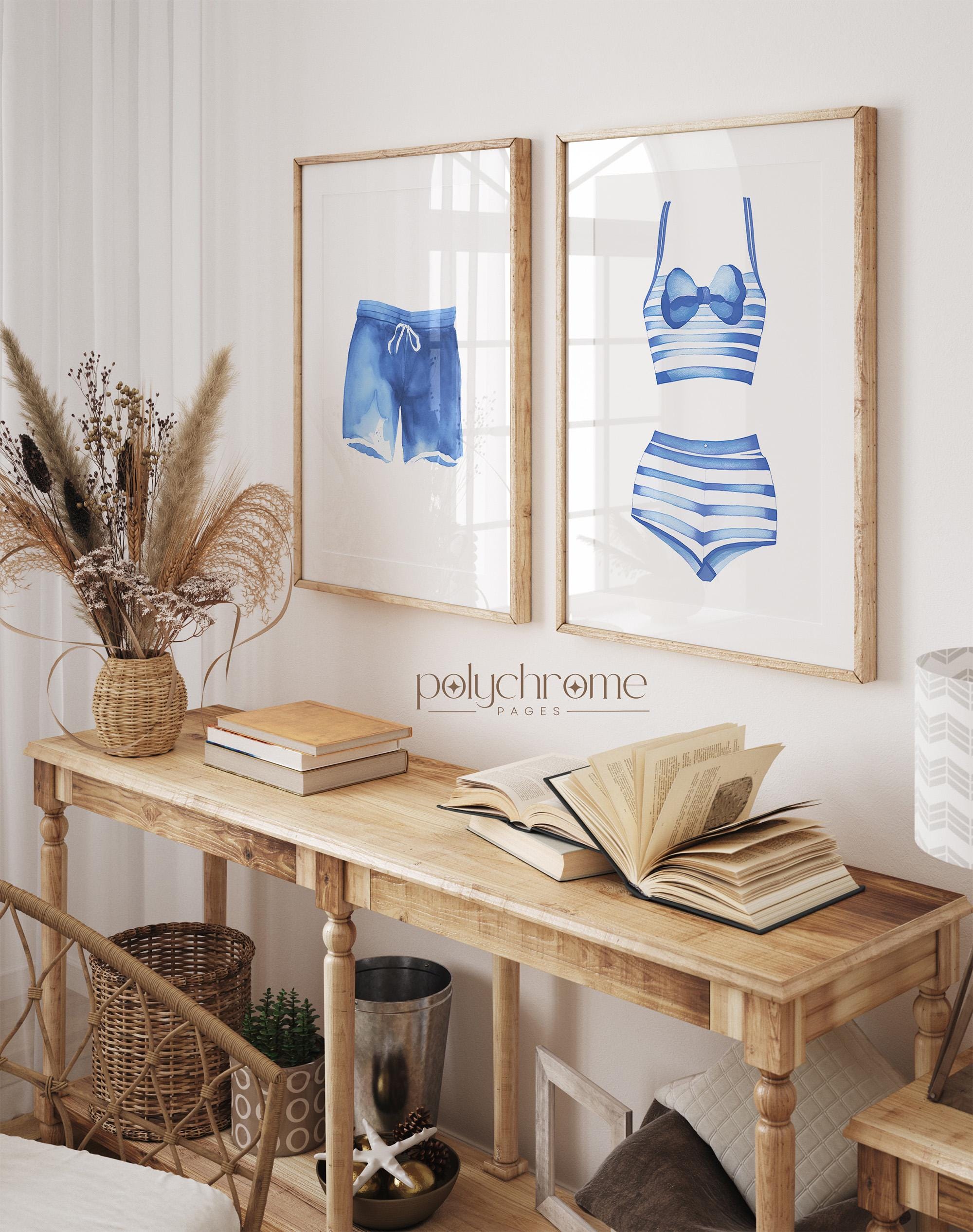 Ocean Blue and White Painted Swimsuits Lake House Art, Coastal Vacation Rental Laundry Room Decor | Paper Print sizes 5x7 - 24x36 in – image 1