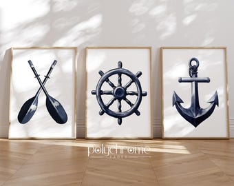 Vintage Oars, Ship's Wheel and Anchor, Sailboat, Navy Blue Nautical Coastal, Lake House, Beach House Decor | Paper prints 5x7 - 24x36 in