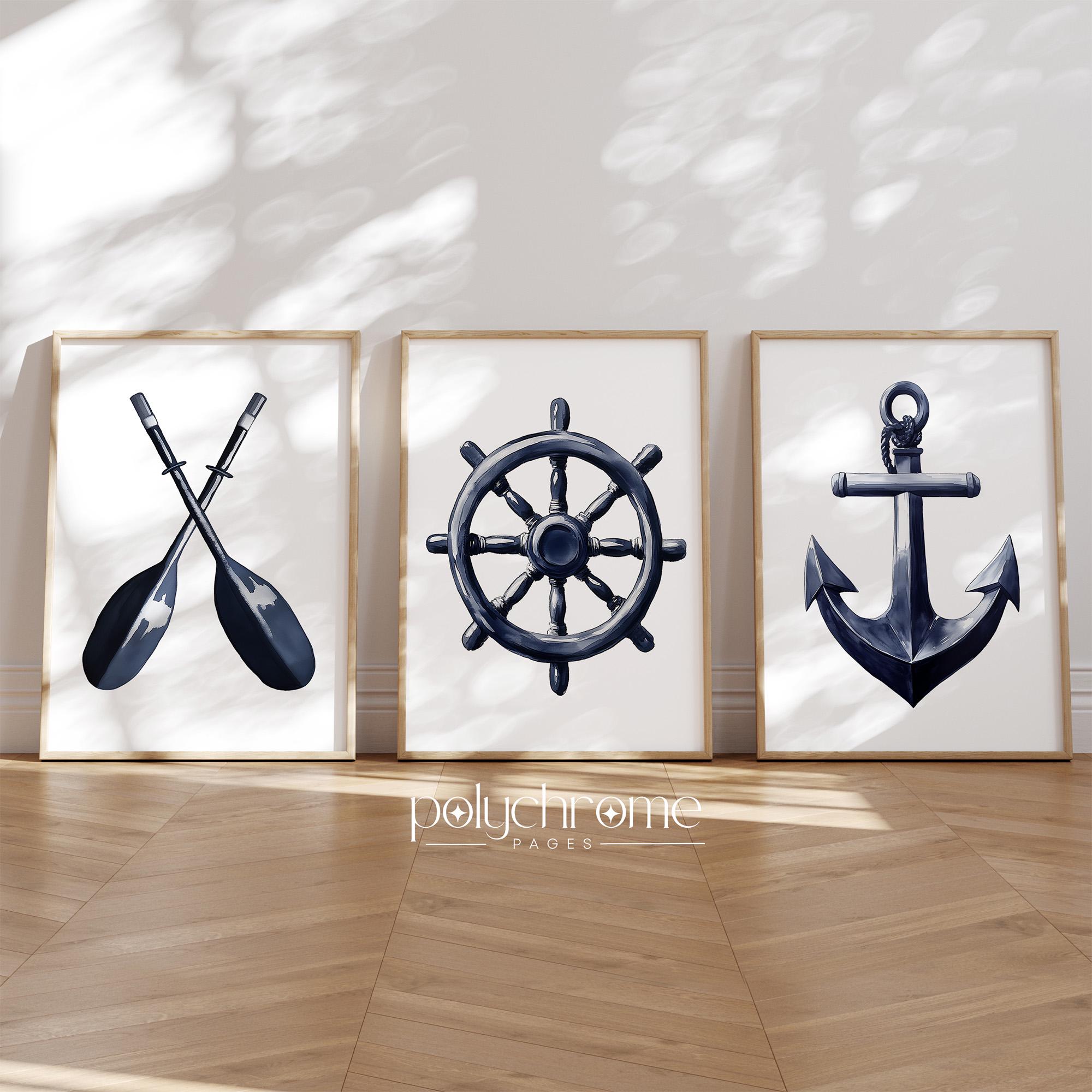 Vintage Oars, Ship's Wheel and Anchor, Sailboat, Navy Blue Nautical Coastal, Lake House, Beach House Decor | Paper prints 5x7 - 24x36 in – image 1