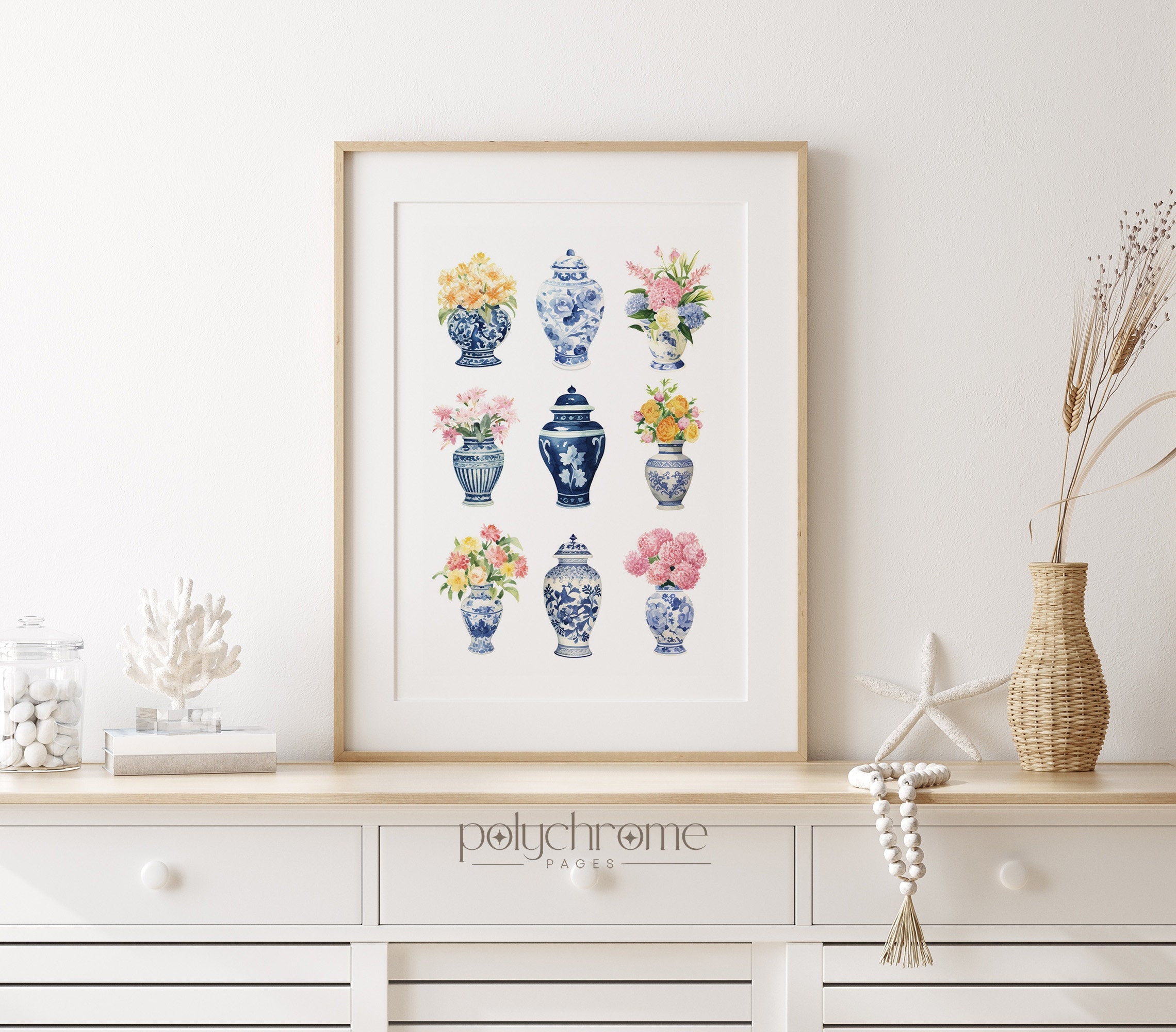 Ginger Jars and Flower Bouquets in Chinoiserie, Grandmillenial Hamptons Style Blue White China 9 Pieces Art | Paper print size 5x7 - 24x36in – image 1
