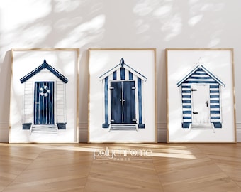 Beach Huts in Navy Blue and White, Lake House Boat Sheds Painting, Vacation Style Bedroom Decor, Summer Holiday Rental Art | Paper Prints