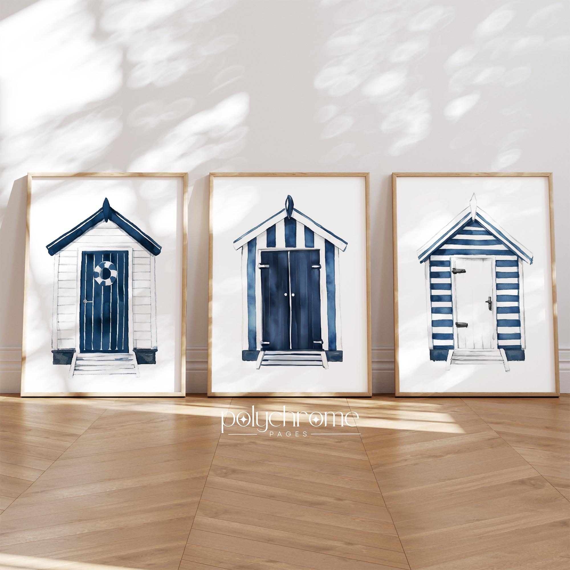 Beach Huts in Navy Blue and White, Lake House Boat Sheds Painting, Vacation Style Bedroom Decor, Summer Holiday Rental Art | Paper Prints – image 1