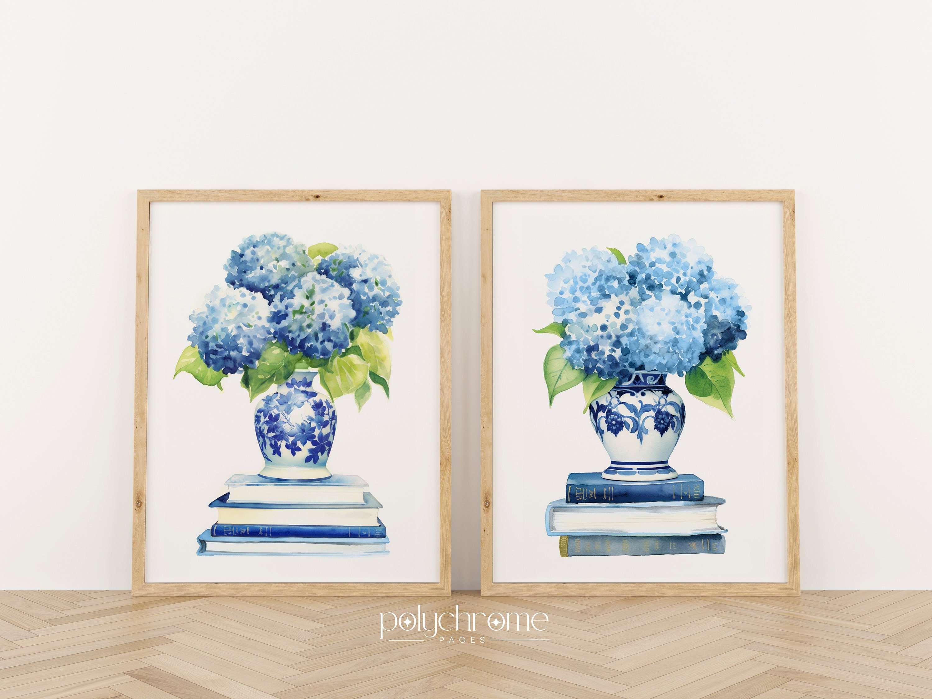 Blue Hydrangeas in Chinoiserie, Hamptons Style Flower Bouquets in Blue and White China, Gifts for Book Lovers | Paper prints 5x7 - 24x36 in – image 1