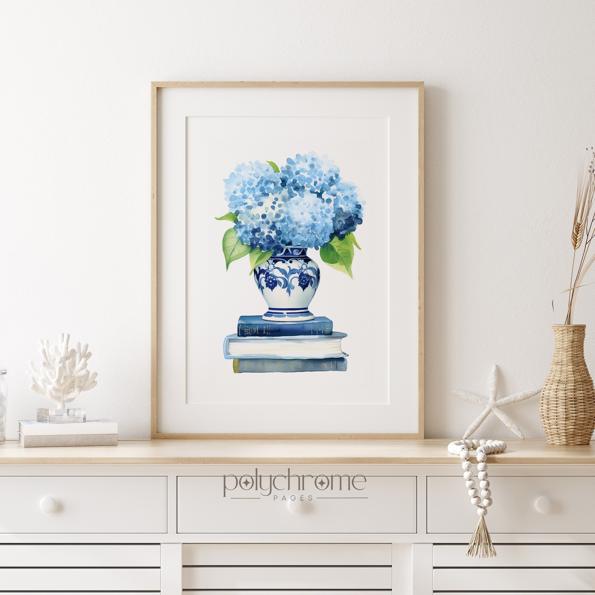 Blue Hydrangeas in Chinoiserie on Stack of Books, Hamptons Style  Blue and White China, Gifts for Book Lovers | Paper prints 5x7 - 24x36 in – image 1