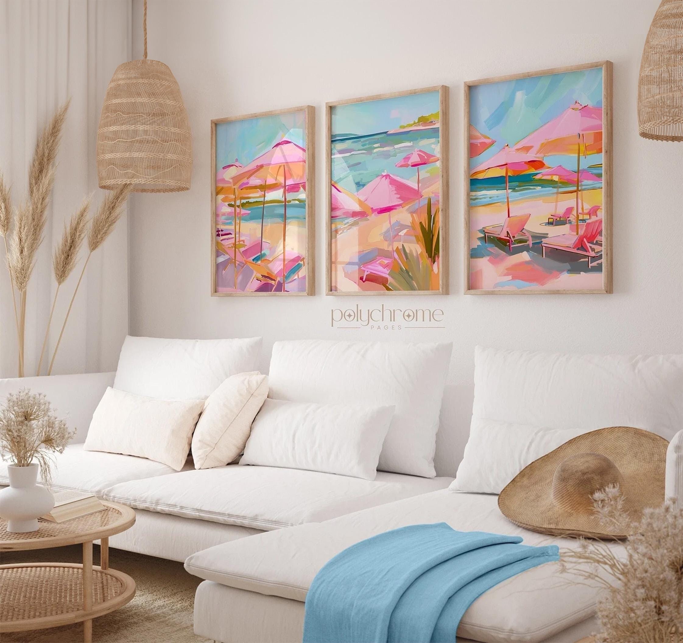 Pink Umbrellas on the Beach, Coastal Pastel Pink and Blue Art, Pool Decor | Paper prints 5x7 - 24x36 in – image 1