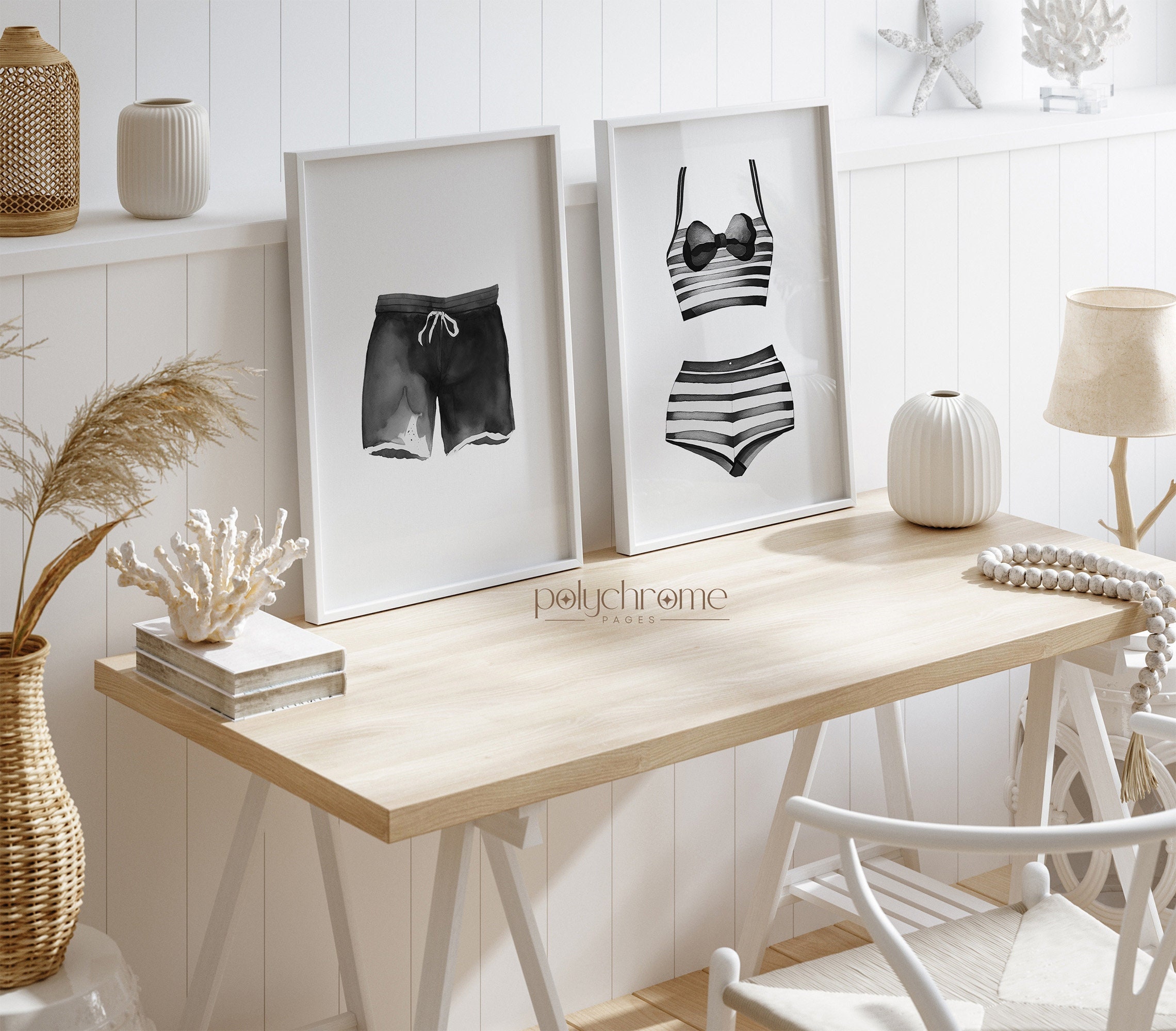 Black and White Painted Swimsuits Lake House Art, Laundry Room Decor | Paper Print Wall Art sizes 5x7 - 24x36 in – image 1