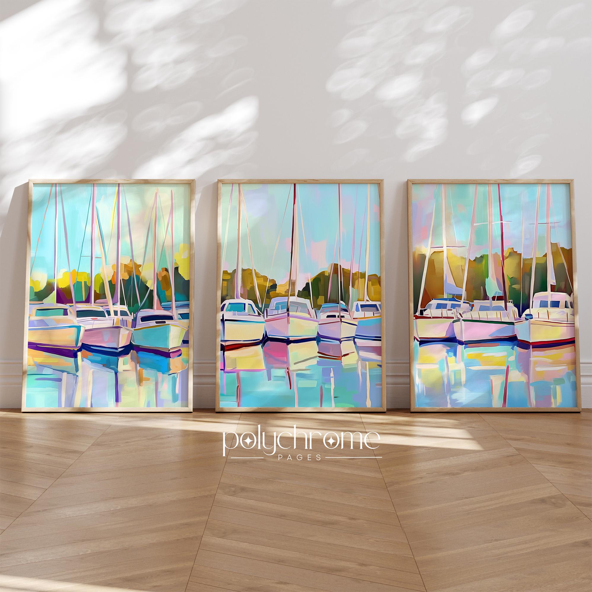 Boat Sailboats in Harbor Marina, Coastal Lake House Landscape in Pastel Blue and Green, Nautical wall decor | Paper prints 5x7 - 24x36 in – image 1