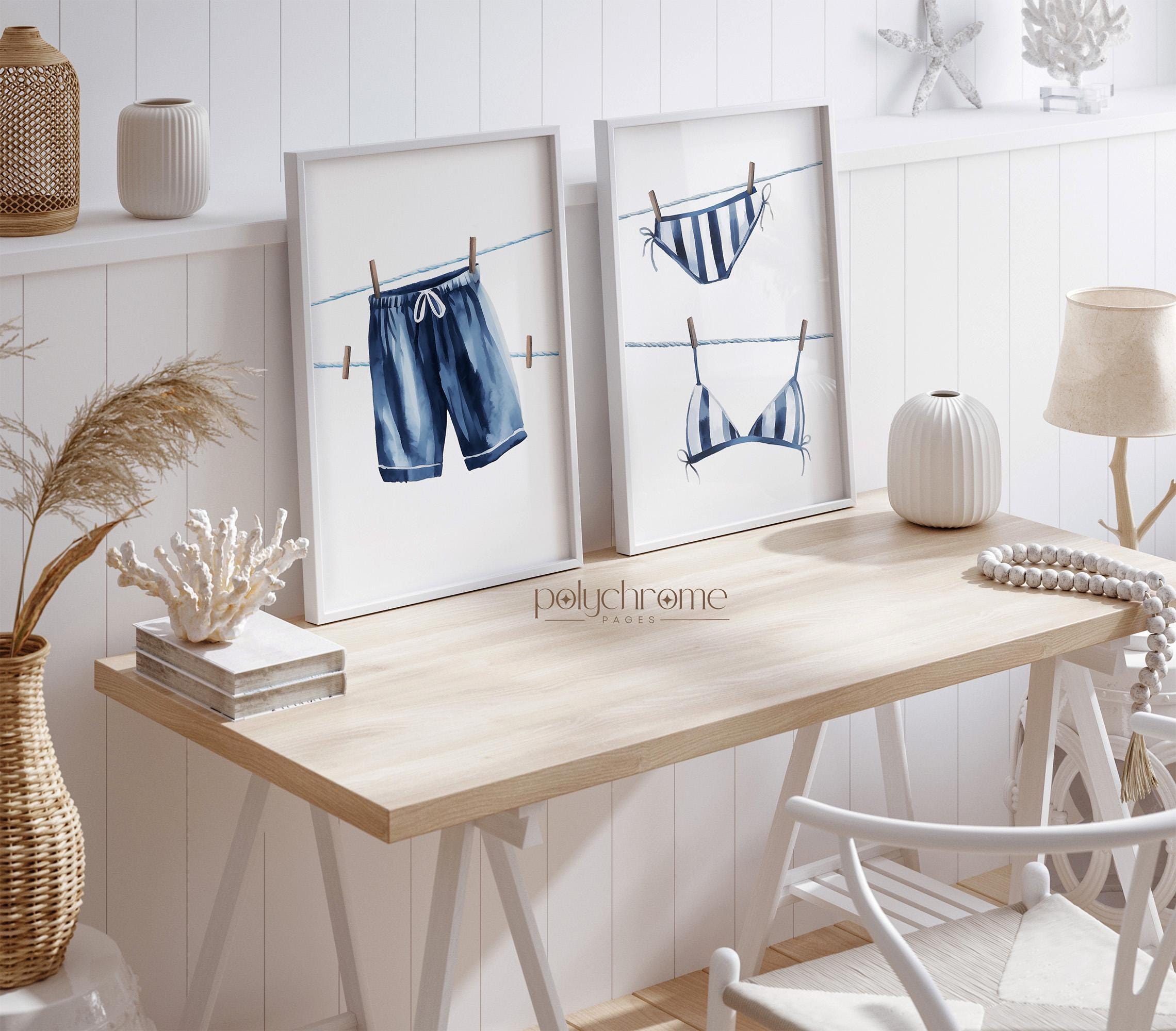 Hanging Bikini & Swimming Trunks in Navy Blue, Swimsuits on Clothesline Laundry Room Decor, Lake House Pool Bathroom | Prints 5x7 - 24x36 in – image 1