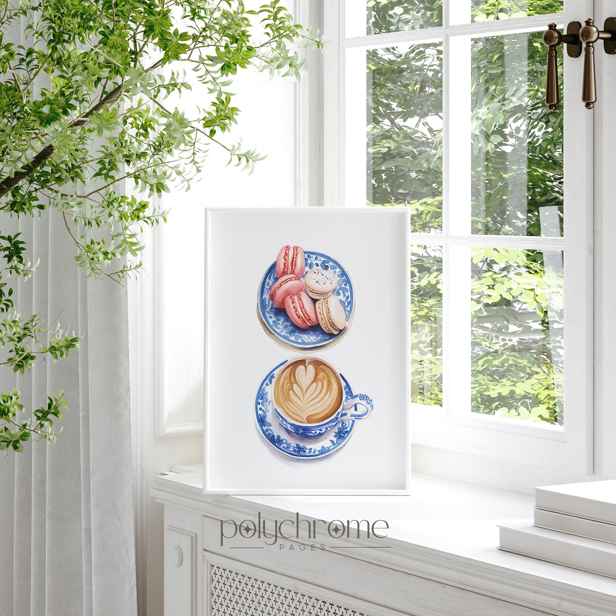 French Breakfast Cappuccino Cup and Macaroons on Chinoiserie, Hamptons Style Blue and White Kitchen Wall Decor | Paper Prints 5x7 - 24x36 in – image 1