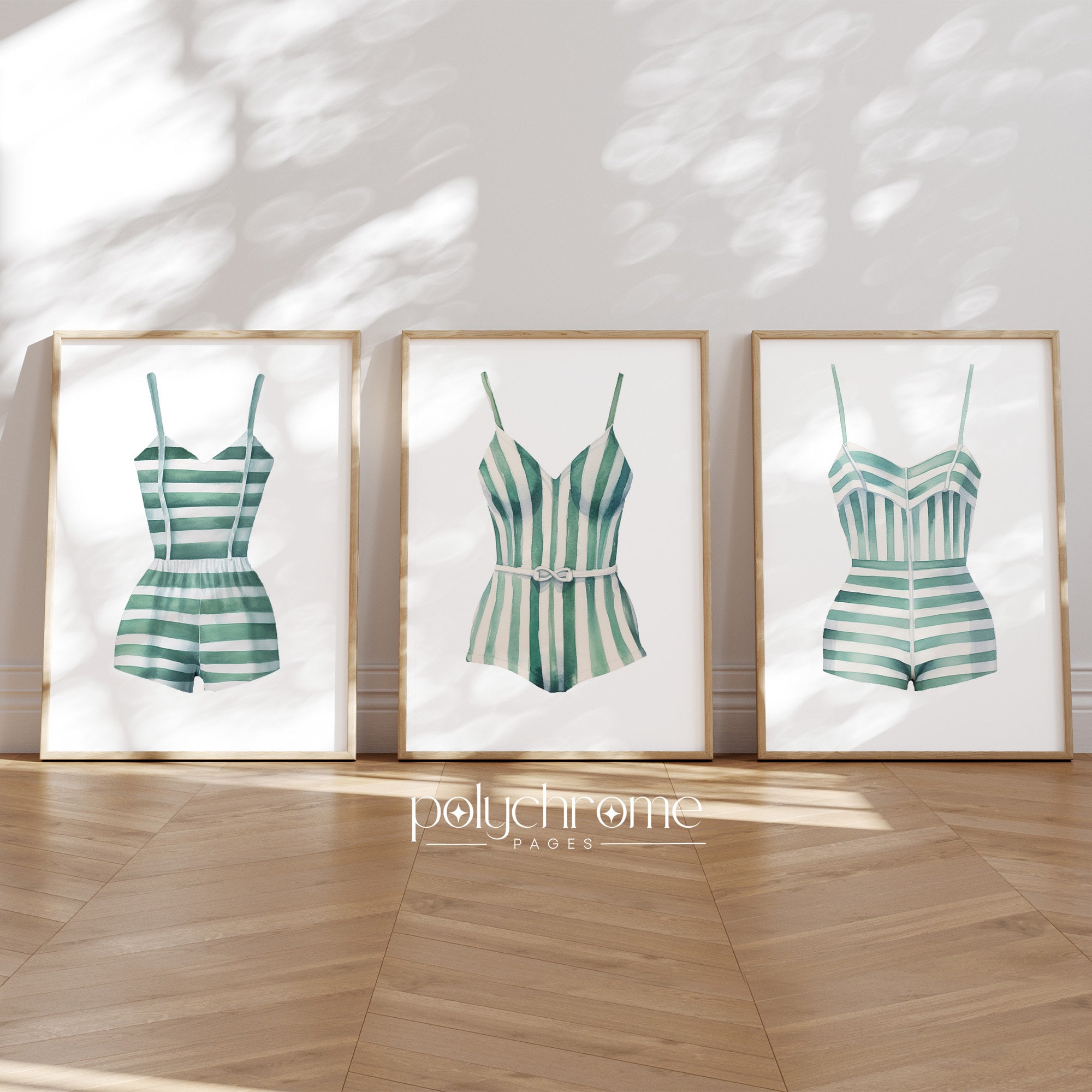 Striped Painted Swimsuits, Vintage Summer Painting, White and Sage Green Aesthetic Art, Lake House Decor | Paper Print Sizes 5x7 - 24x36 in – image 1
