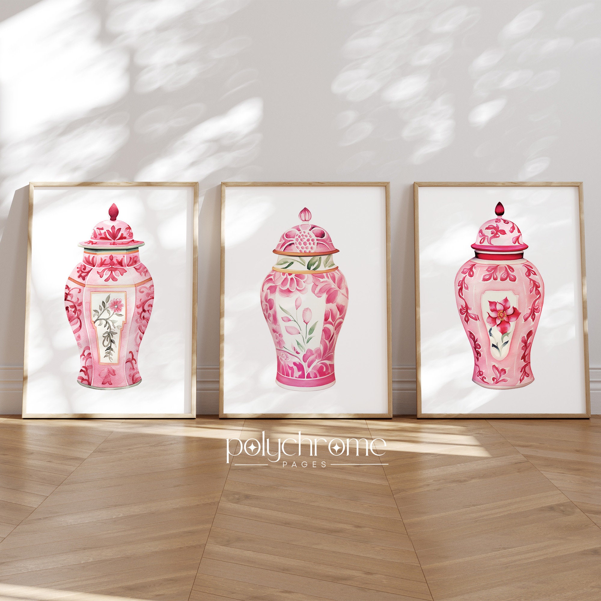 Chinoiserie Ginger Jars Hamptons Style Decor Pink and White China Grandmillennial Wall Art | Paper print size 5x7 - 24x36 in – image 1