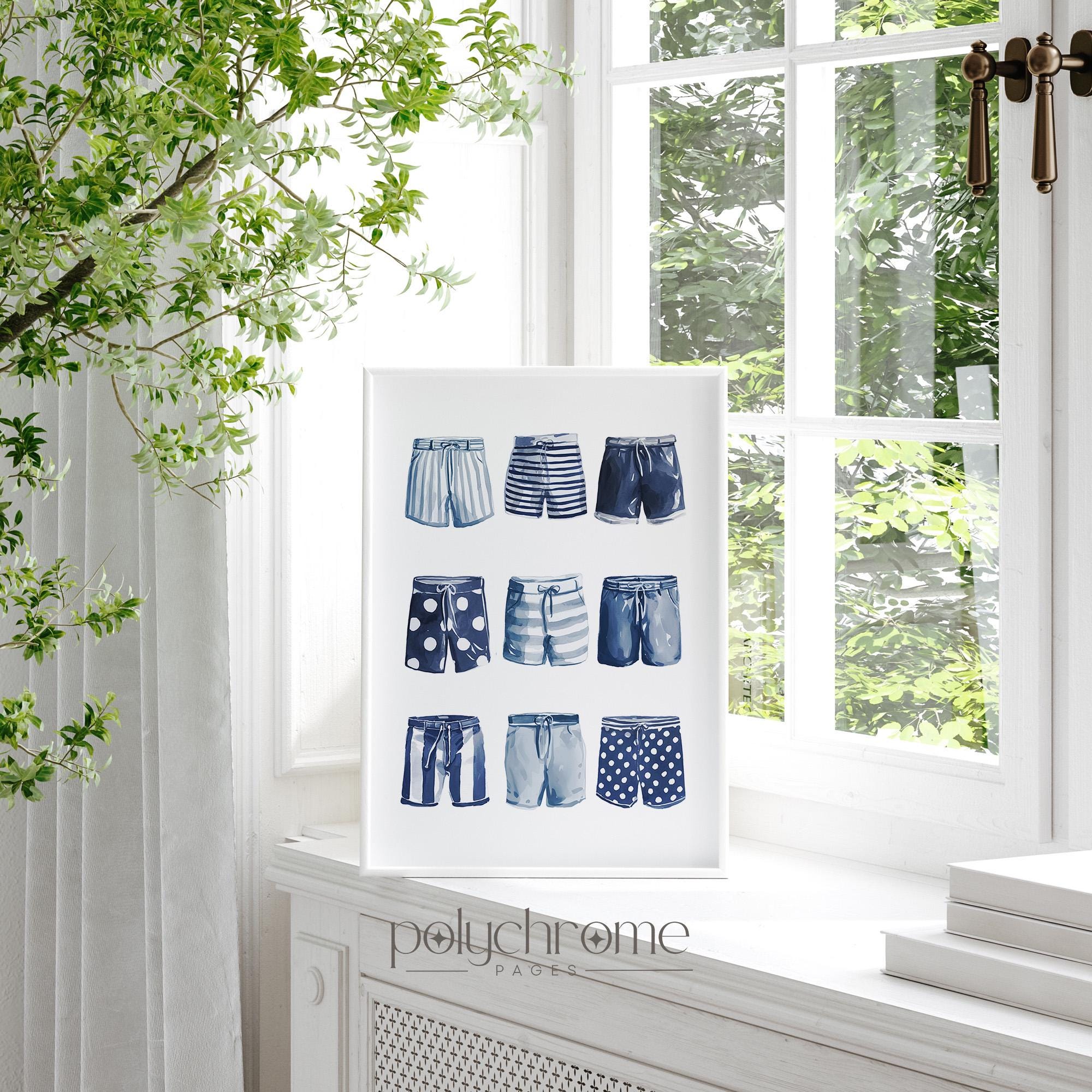 Shorts Lineup in Navy Blue, A Variety of Trunks for Laundry Room, Painted Swimwear, Lake House Pool Bathroom Art | Paper Print 5x7-24x36 in – image 1