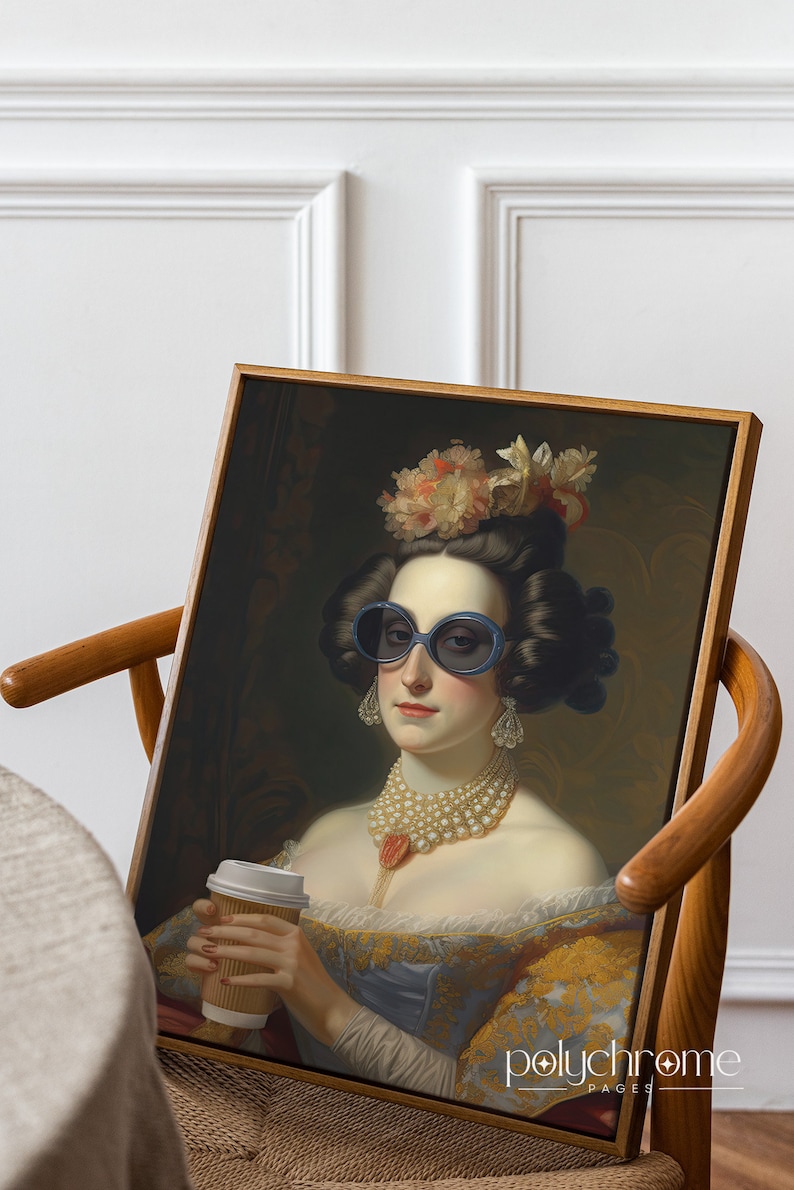 Op de afbeelding: Een ingelijst schilderij van een vrouw in een blauwe en gouden jurk, met een parelketting en grote blauwe zonnebril. Ze houdt een wegwerp koffiebeker in haar rechterhand. Het schilderij heeft een vintage uitstraling en is geplaatst tegen een donkere achtergrond.