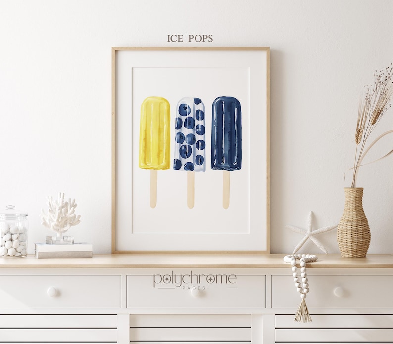 Lemonade, Beach Bag, Ice Pops Summer Accessories in Blue and Yellow, Vacation Beach Picnic, Coastal Pool Bathroom Art, Prints 5x7 - 24x36 in Ice pops
