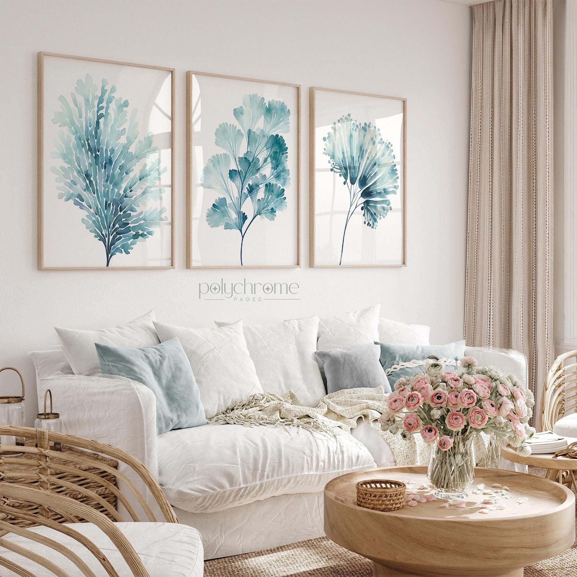 Ocean Painting Set - Sea Fan and Seaweed Coral Reef Drawing Teal Watercolor, Coastal Decor Ideas Wall art | Paper Print Sizes 5x7 - 24x36 in – image 1