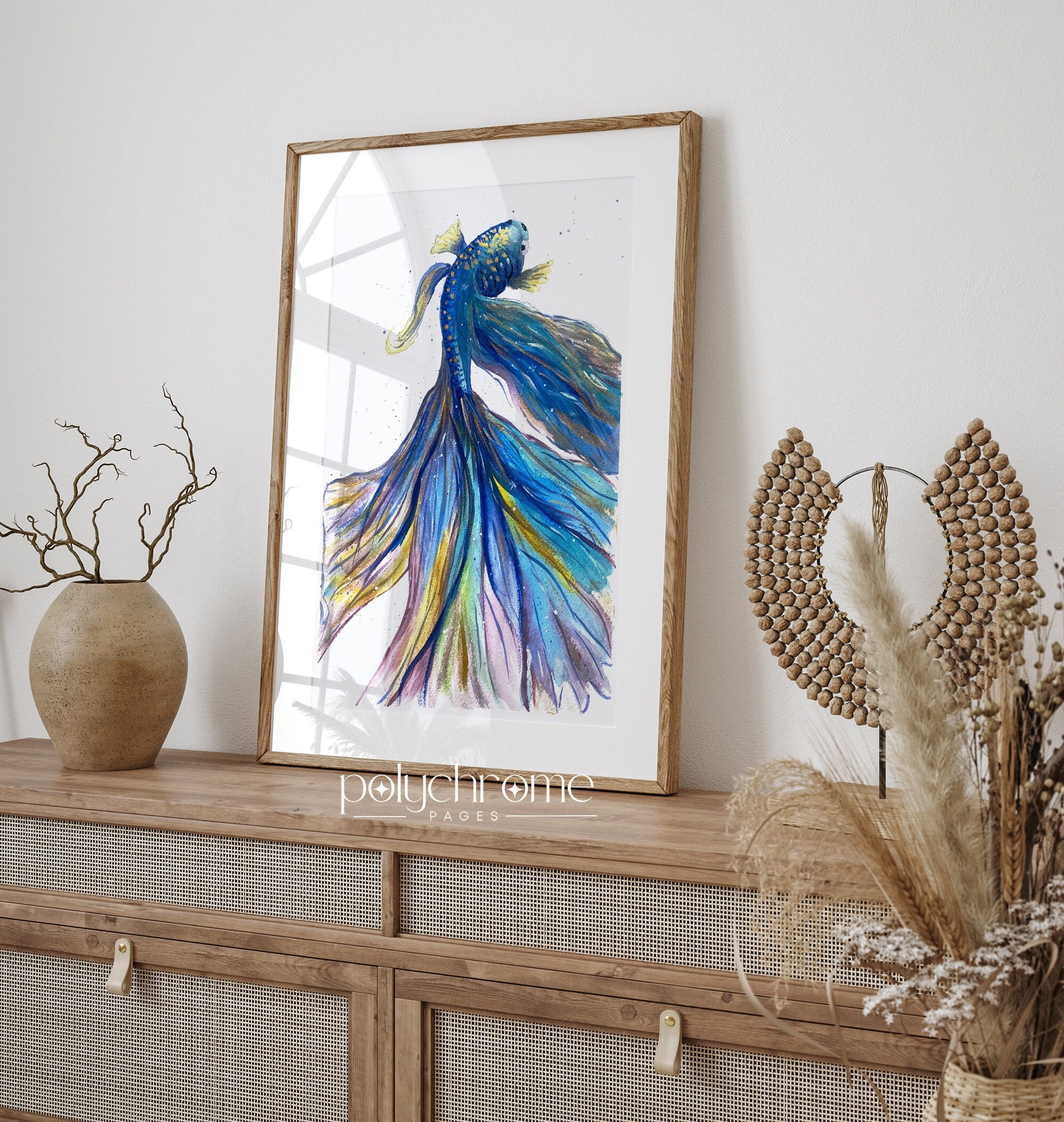 Iridescent Blue Green Gradient Colorful King Betta Fish, Beach House Decor Modern Nursery Decor Watercolor | Paper prints 5x7 - 24x36 in – image 1