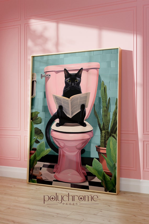 Black Cat Using Toilet Cat Reading Newspaper Bathroom Decor Art Funny Cat Painting Gifts for Cat Lovers Paper Print Sizes 5x7 24x36in Etsy