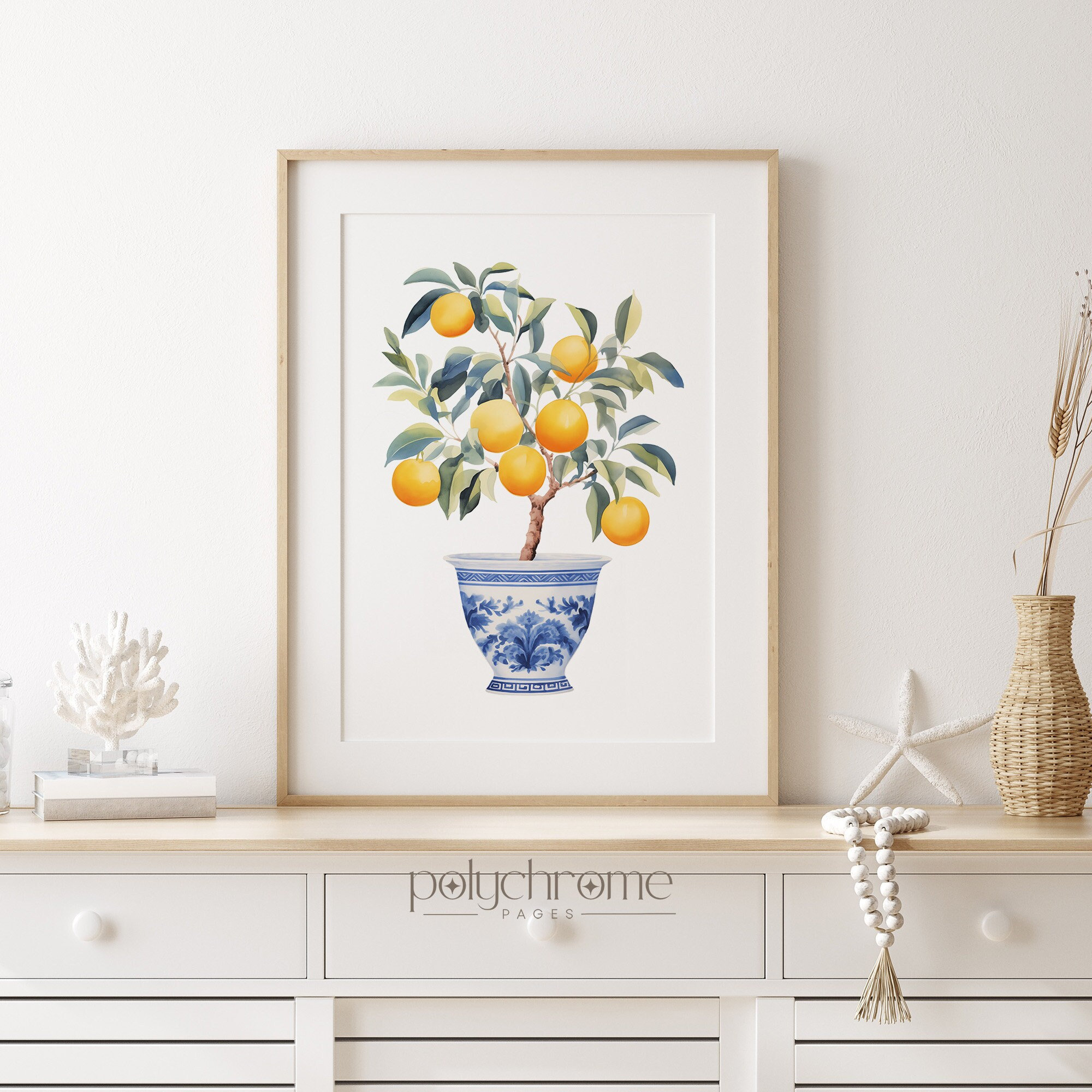 Orange Tree Painting, Amalfi Italy Coast Chinoiserie Vase Coastal Kitchen Watercolor Wall Art | Paper print sizes 5x7 - 24x36 in – image 1