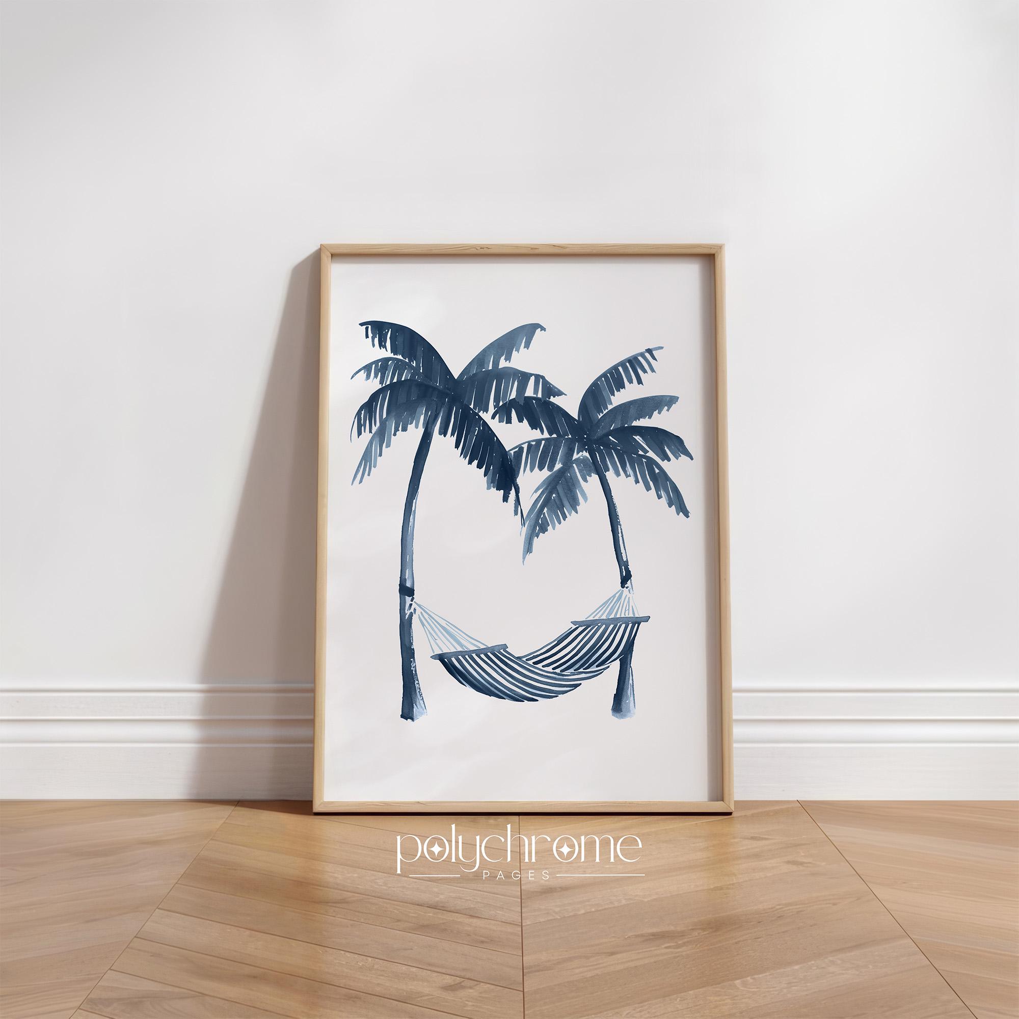 Striped Hammock and Palm Trees in Navy Blue, Vacation Style Bedroom Decor, Coastal Summer Dorm Room Art | Prints 5x7 - 24x36 in – image 1