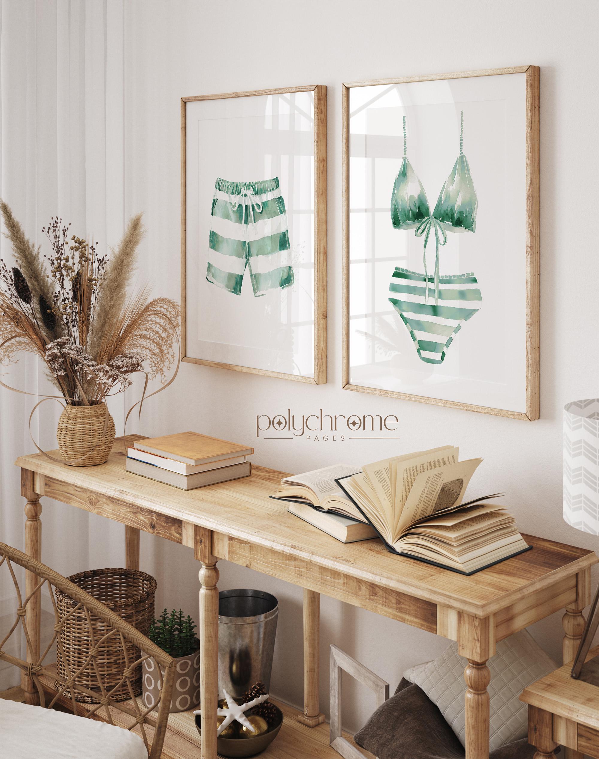 Green Striped Bathing Suits, Vintage Sage Bikini and Shorts for Laundry Room, Swim Art for Lake House | Paper Prints – image 1