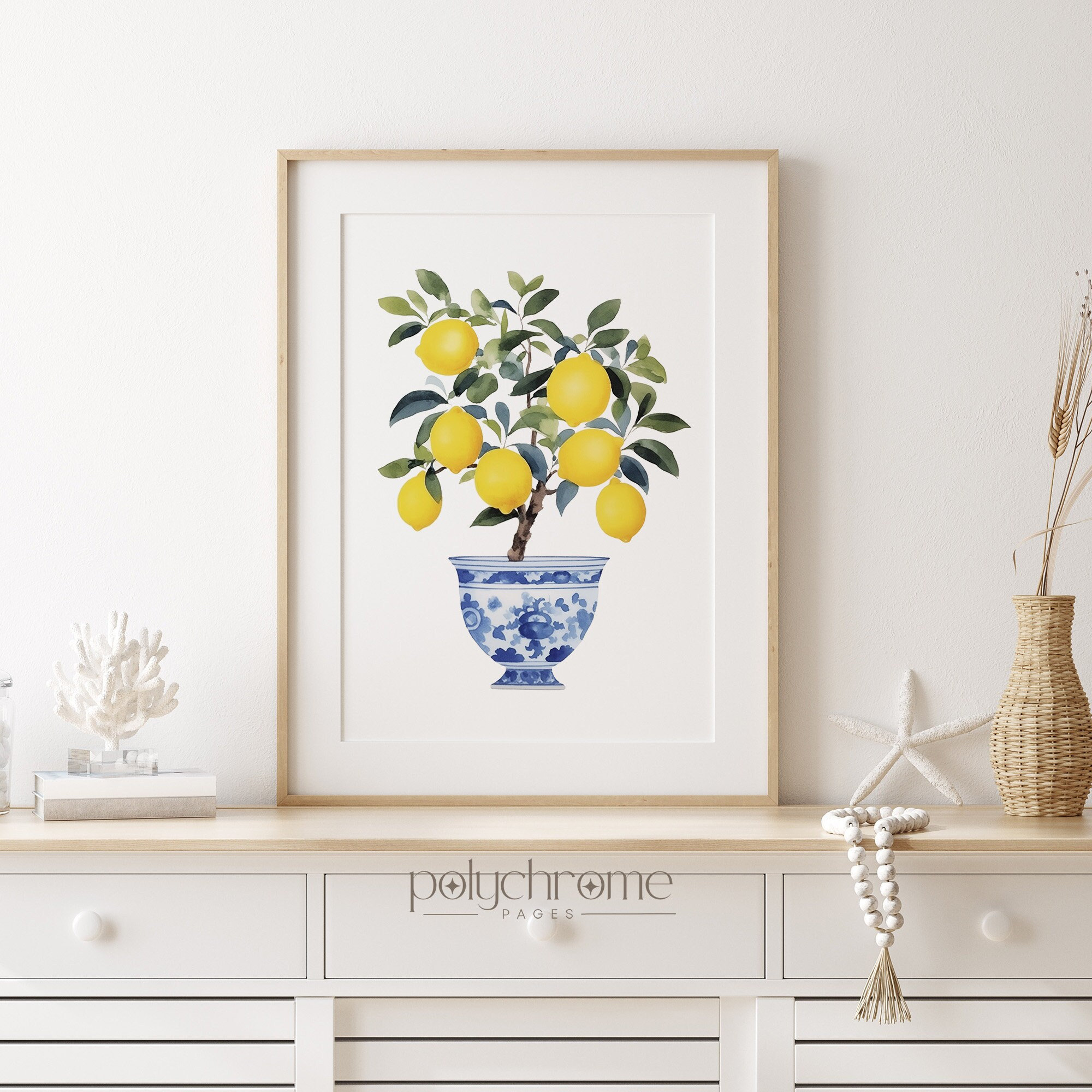 Lemon Tree Painting, Amalfi Italy Coast Chinoiserie Vase Coastal Kitchen Watercolor Wall Art | Paper print sizes 5x7 - 24x36 in – image 1