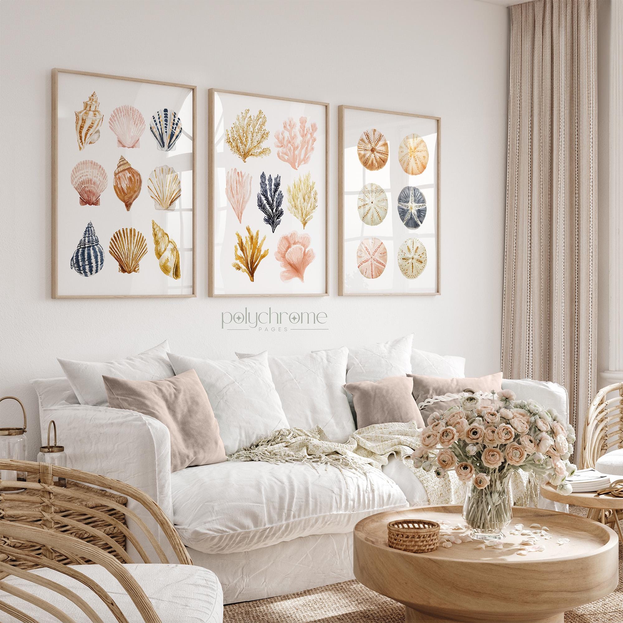 Seashells, Seaweed and Urchins in Beige, Brown, Pink and Yellow, Pastel Collection for Vacation Home, Coastal Laundry Room Art | Paper Print – image 1