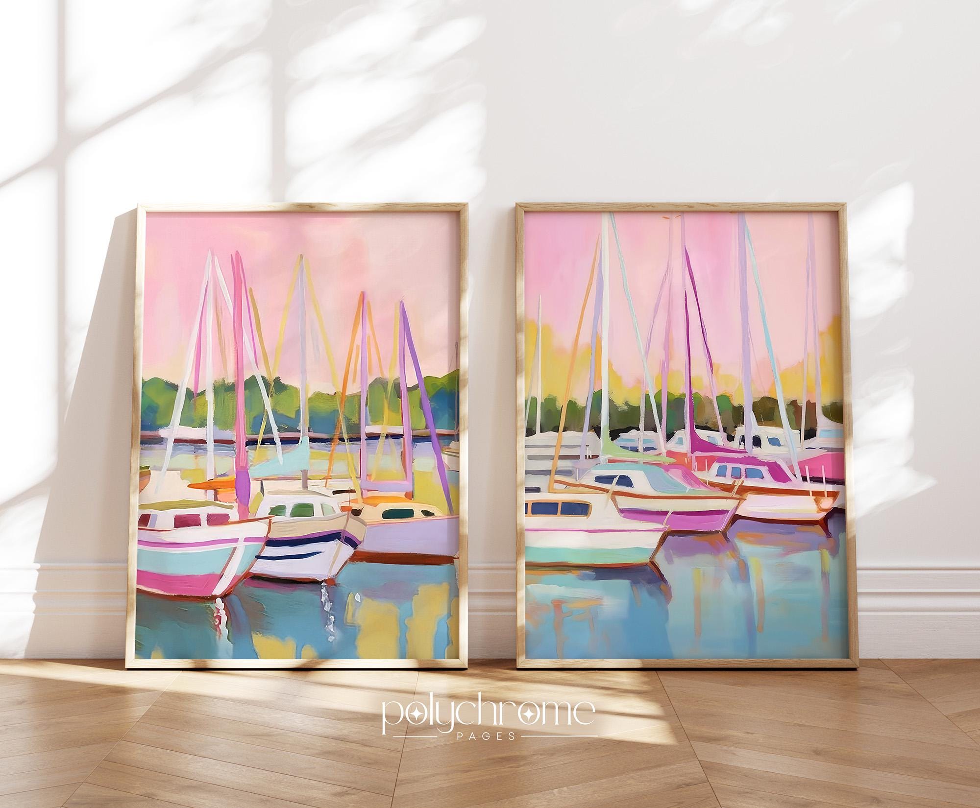 Boat Sailboats in Harbor Marina, Coastal Lake House Landscape in Pastel Pink and Blue Nautical wall decor | Paper prints 5x7 - 24x36 in – image 1