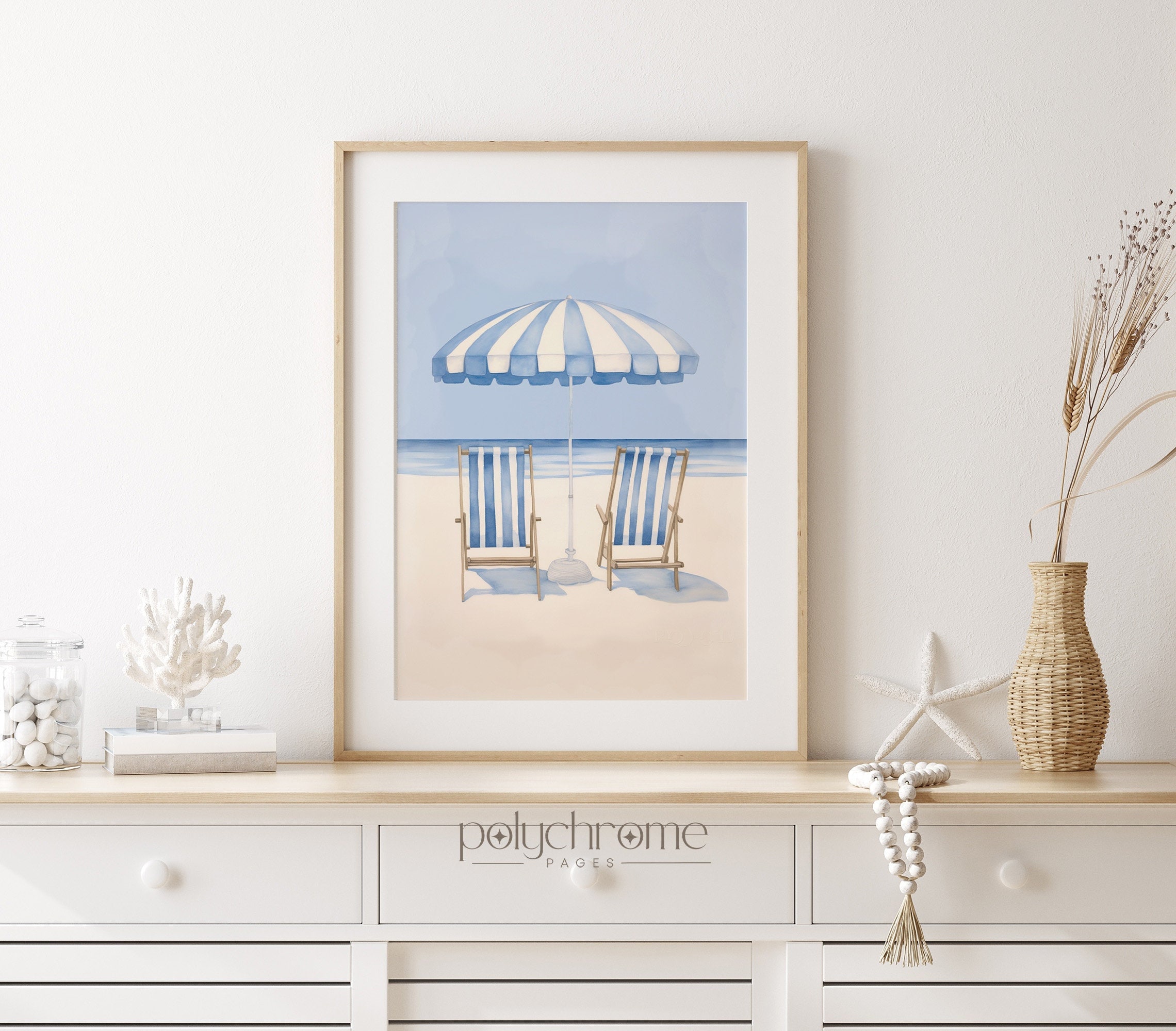 Beach Umbrella and Chairs Picture, Beach House Decor Seascape Painting, Ocean Blue Summer Coastal Decor | Paper print size 5x7 - 24x36 in – image 1