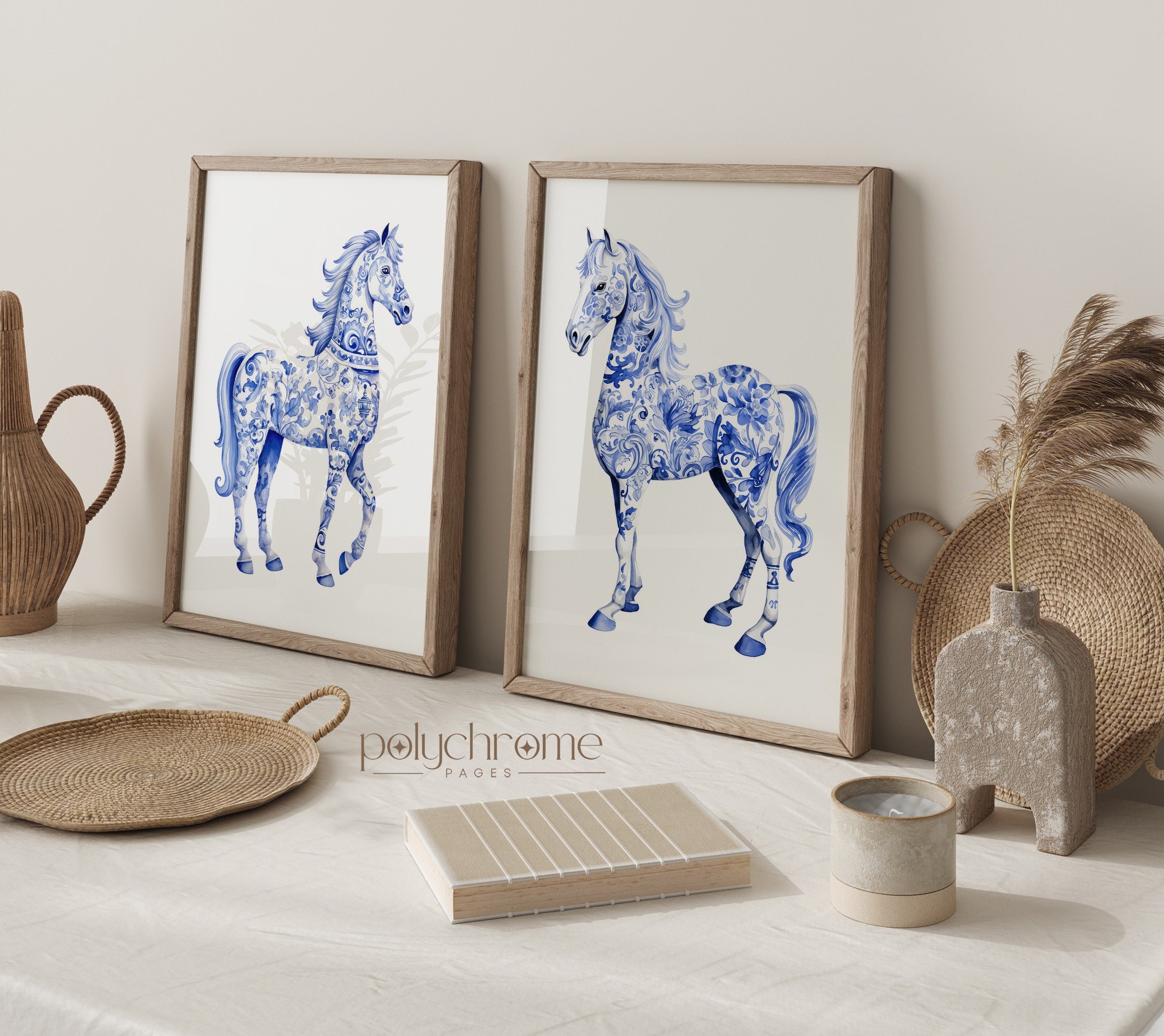 Equestrian Horse Chinoiserie Figurine, Hamptons Style Grandmillennial Blue and White China Wall Art | Paper prints 5x7 - 24x36 in – image 1