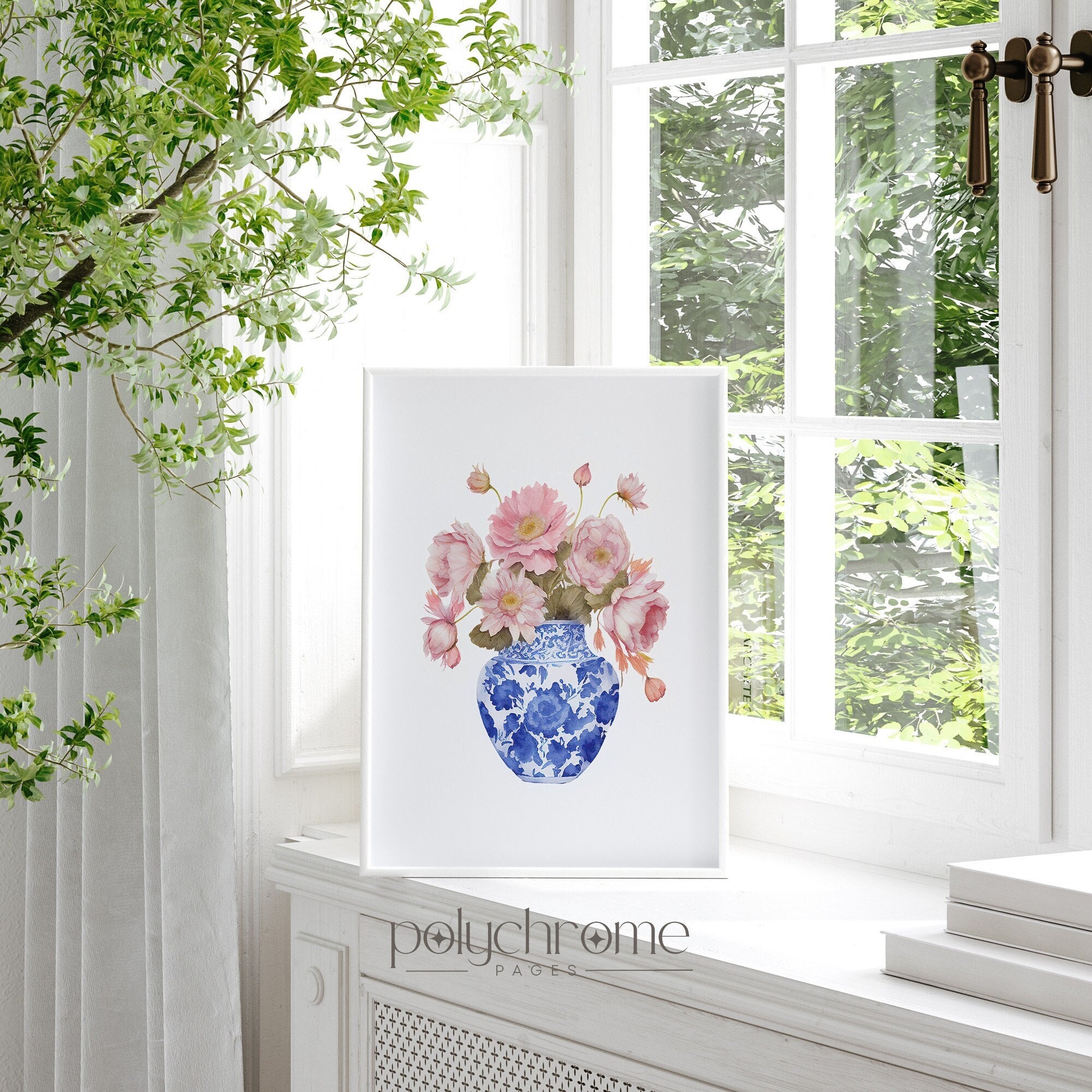 Daisies in Chinoiserie, Cottagecore Grandmillennial Hamptons Style Pink Flower Bouquet in Blue and White China | Paper prints 5x7 - 24x36 in – image 1