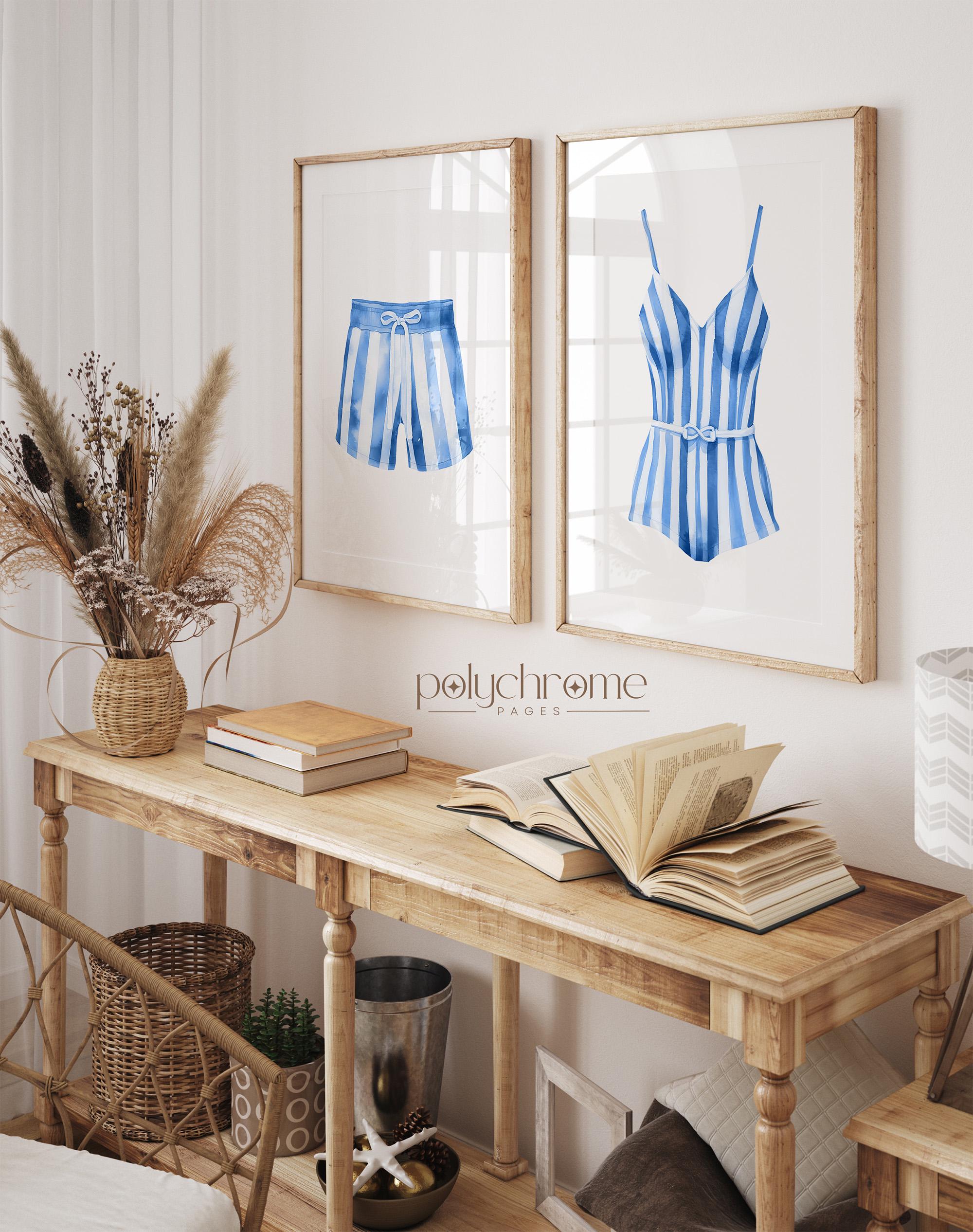 Ocean Blue Painted Swimsuits Laundry Room Wall Art, Bathroom Lake House Decor | Paper Print sizes 5x7 - 24x36 in – image 1