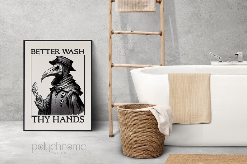 Plague doctor art - Wash Your Hands sign funny bathroom art - Medieval paintings renaissance funny art
