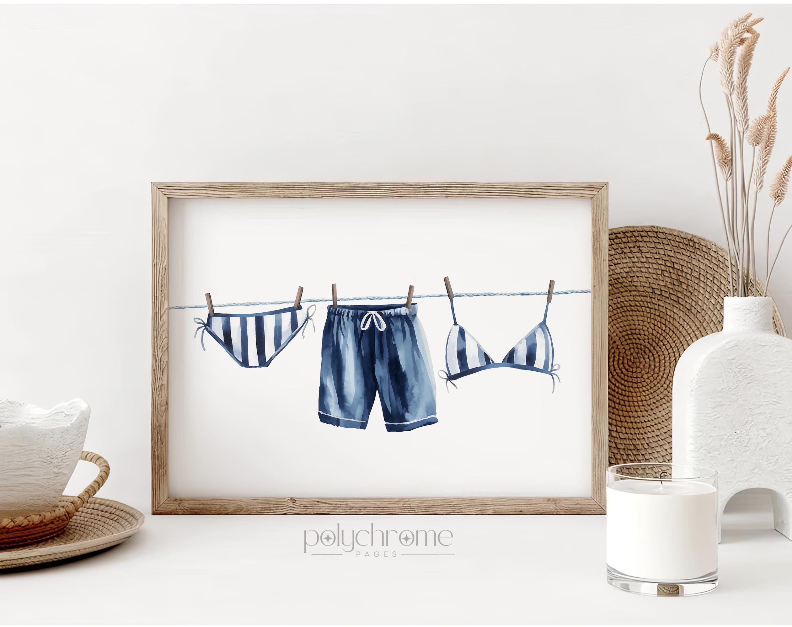 Hanging Bikini & Swimming Trunks in Navy Blue, Swimsuits Laundry Room Decor, Lake House Pool Bathroom | Horizontal Paper Print 7x5 - 36x24in – image 1