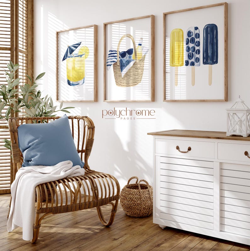 Lemonade, Beach Bag, Ice Pops Summer Accessories in Blue and Yellow, Vacation Beach Picnic, Coastal Pool Bathroom Art, Prints 5x7 - 24x36 in image 7