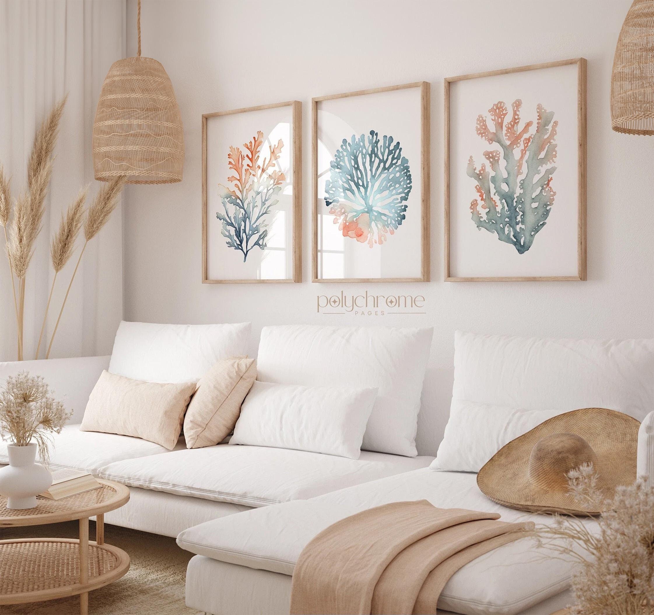 Corals and Seaweeds Beachy Decor, Tranquil Blue & Peach Hamptons Inspired Marine Flora Wall Art | Paper print sizes 5x7 - 24x36 in – image 1