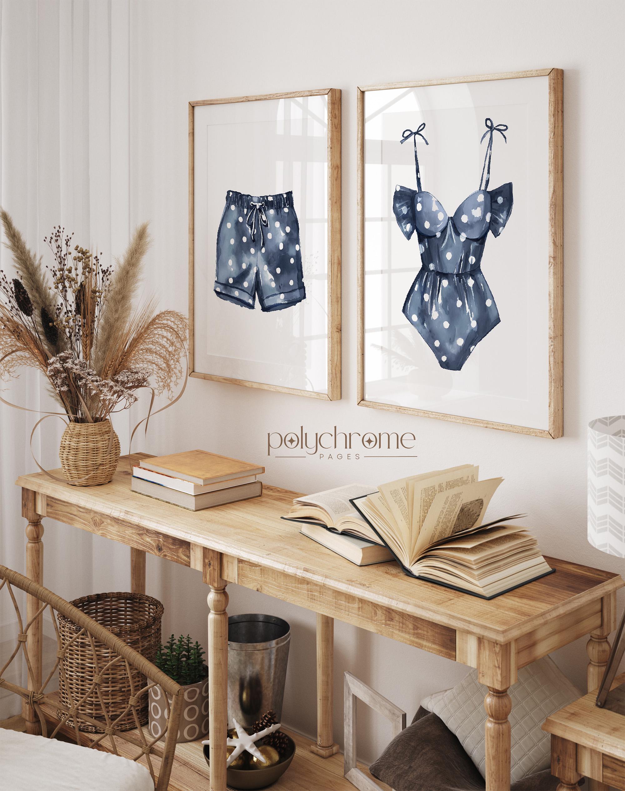 Navy Blue Polka Beachwear, Dotted Swimsuit and Trunks for Coastal Laundry Room, Lake House Pool Bathroom Art | Paper Print – image 1